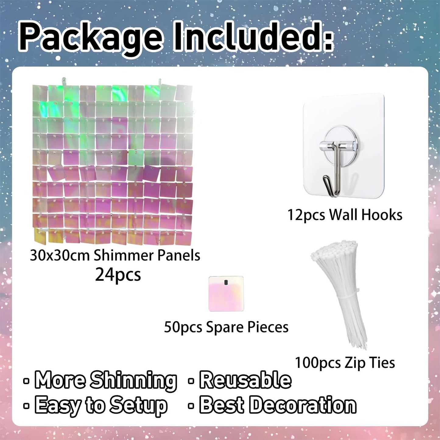 Regine Switzerland 24Pcs Rainbow-Pink Shimmer Wall Backdrop - 12x12 Inch Sequined Panels for Party Decor