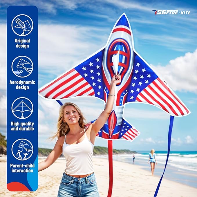 Flag Airplane Kite Easy to Fly Kids Kites for Ages 3-5, Huge Size Durable Beach Kite for Family Outdoor Games & Activities, Perfect for Kids and Adults (Flag Airplane Red Blue)