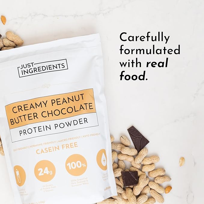 JUST INGREDIENTS Creamy Peanut Butter Chocolate Protein Powder ??30-ServingBlend with Grass-Fed Whey, Pea, Pumpkin Seed, Chia & Collagen ??No Sugar Added ??No Gums 24g Protein