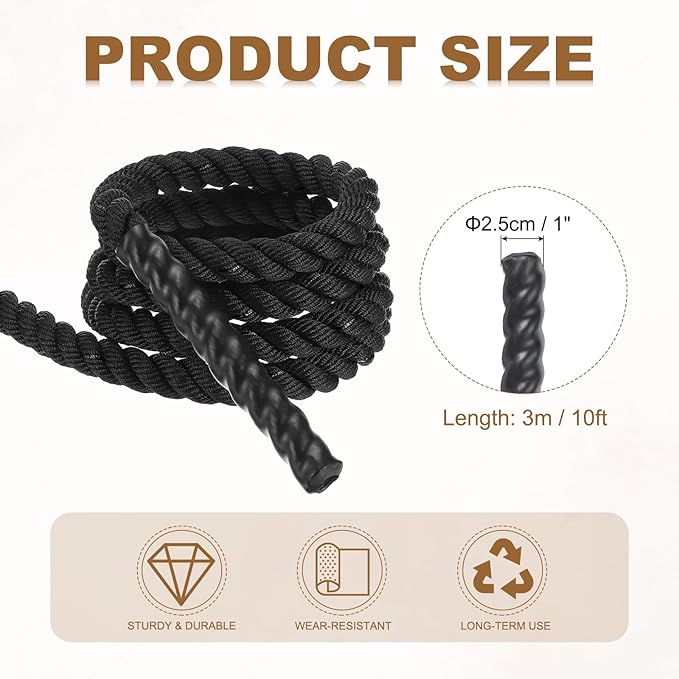 MECCANIXITY Battle Rope 10ft x 1 Inch Polyester Workout Rope Heavy Fitness Exercise Rope for Strength Training Home Gym Muscle Building, Black