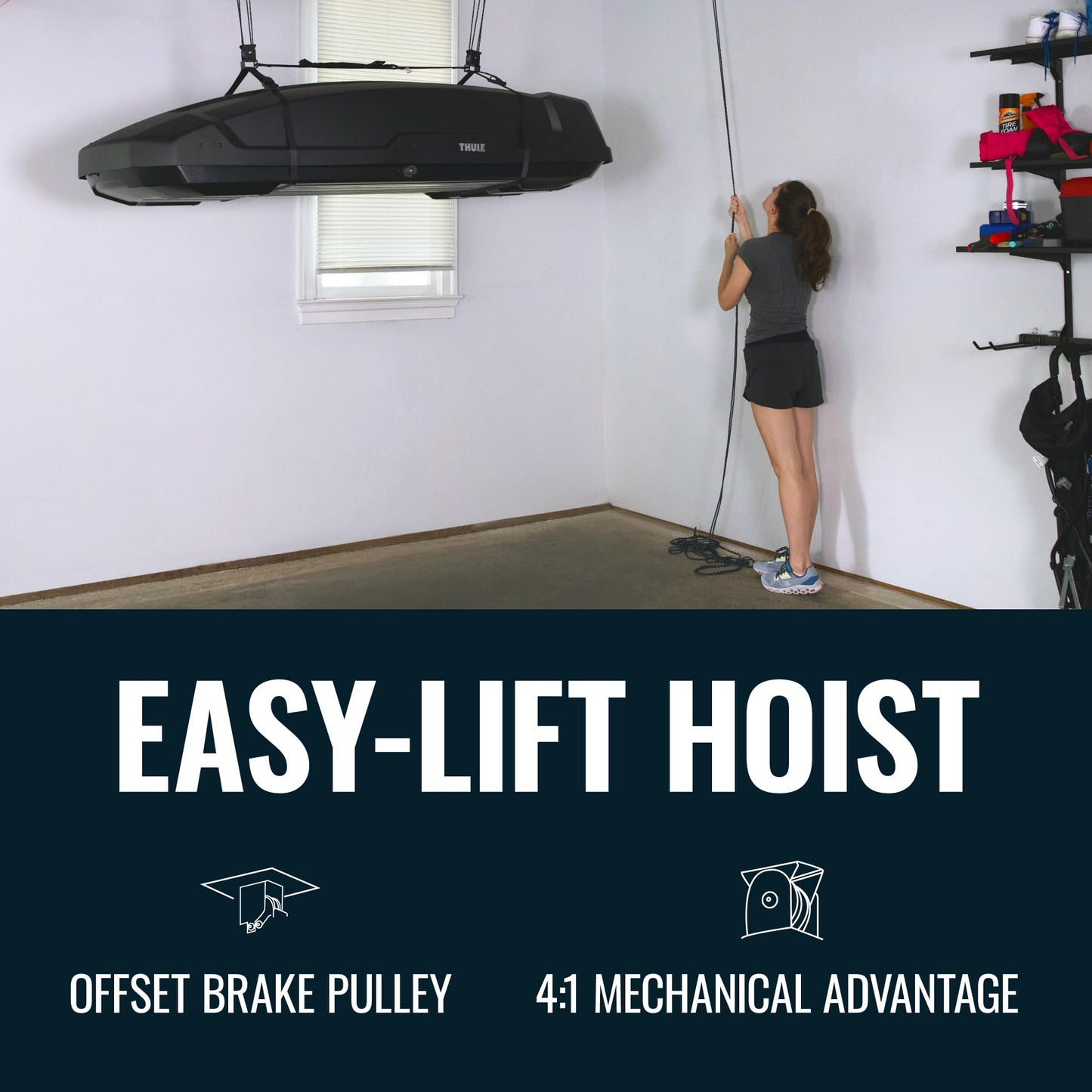 Teal Triangle Heavy Duty Elite Cargo Box Hoist, Easy-Lift Garage Pulley System, Holds 150 lbs, Fits 8-Foot Ceilings, Patented No-Slip Strap, No Setup Required