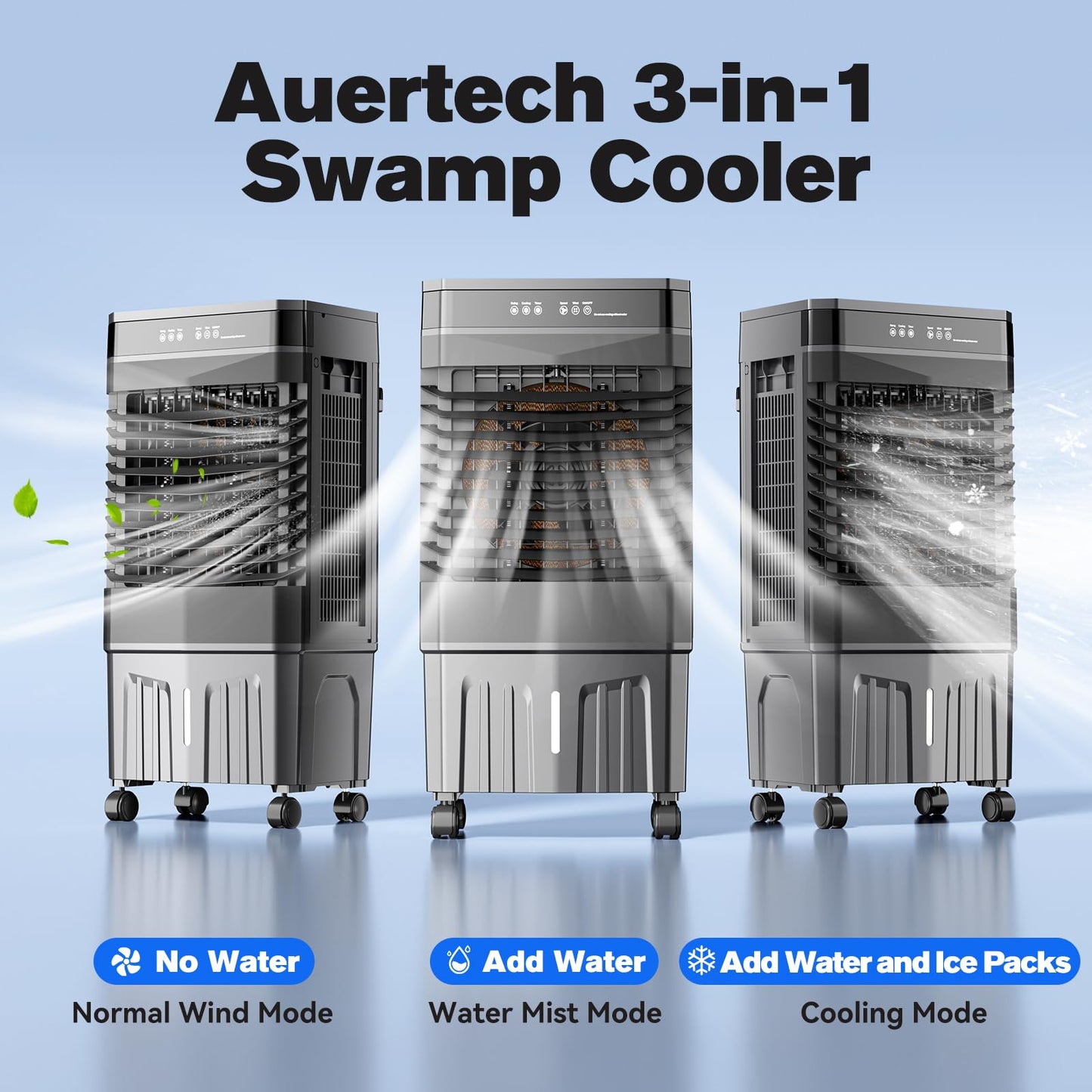 Auertech 5.5 Gal Swamp Cooler, 1800 CFM Evaporative Air Cooler with 3 Speeds, 12H Timer, 120°Oscillation, Windowless Room Cooling Fan with 4 Ice Packs, Portable Air Cooler for Indoor, Garage, Bedroom