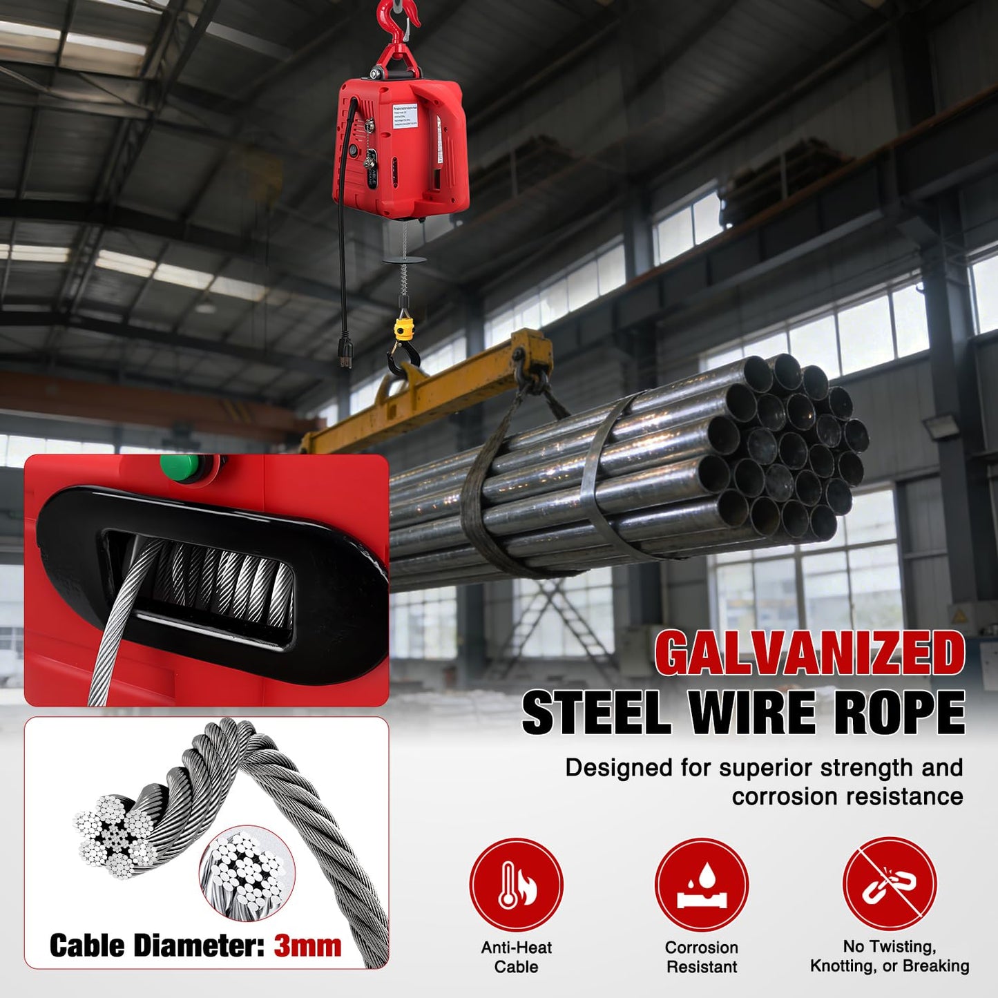 Nilight 3-in-1 Electric Hoist Winch, 660LBS 1500W Portable Power Winch Crane with Manual Wired Wireless Remote Control, 110V Electric Winch 33FT/Min Speed 39FT Height for Garage Warehouse Factory, Red