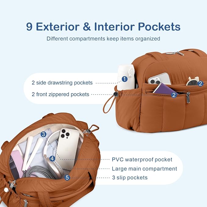 TOPDesign Travel Duffel Bag for Women, Puffer Gym Bag Sports Tote with Wet Pocket, Carry On Weekender with Luggage Sleeve (Brown)