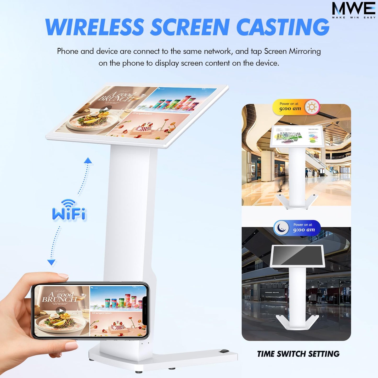 MWE 21.5 Inch Touch-screen Self Service Kiosk, Floor Standing Digital Signage Display, FHD Information Kiosk, 2 Speakers, Interactive Display for Mall Navigation/Self-Ordering/Advertising/Retail Store