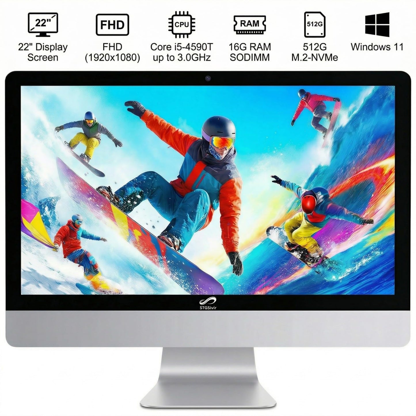 STGSivir All in One Desktop Computer, 22" FHD Display, Intel Core i5 up to 3.0GHz, 16GB RAM, 512GB SSD, WiFi, BT 5.0, Webcam, Windows 11 Home