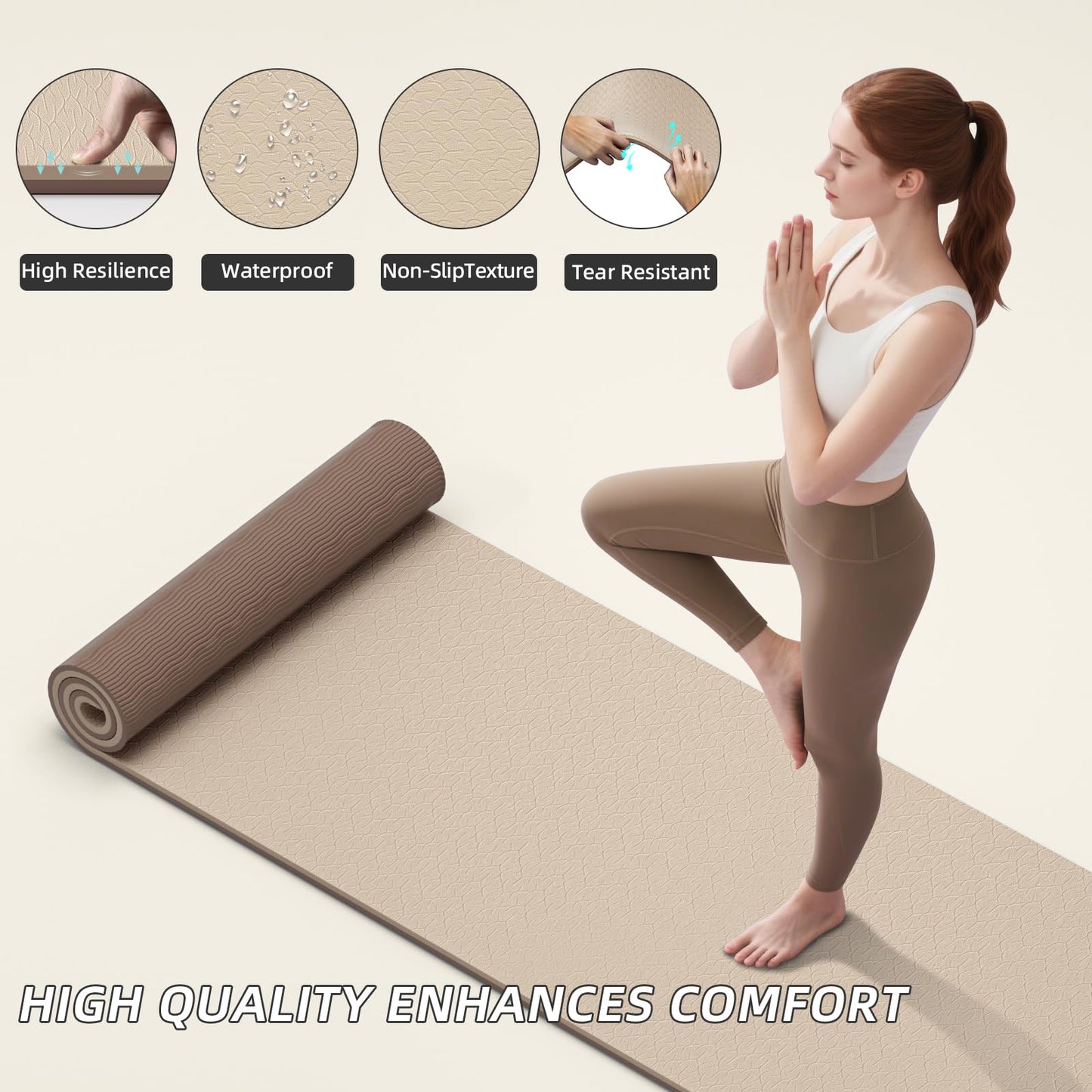 ILILI Yoga Mat 10mm Extra Thick and Extra Long, 76x28×0.4 Inch, Double Color Non-Slip TPE Material, Easy Carrying with Strap, Ideal for Yoga, Pilates, Floor Exercise, Home and Outdoor Use, Eco Friendly (Beige+Brown)