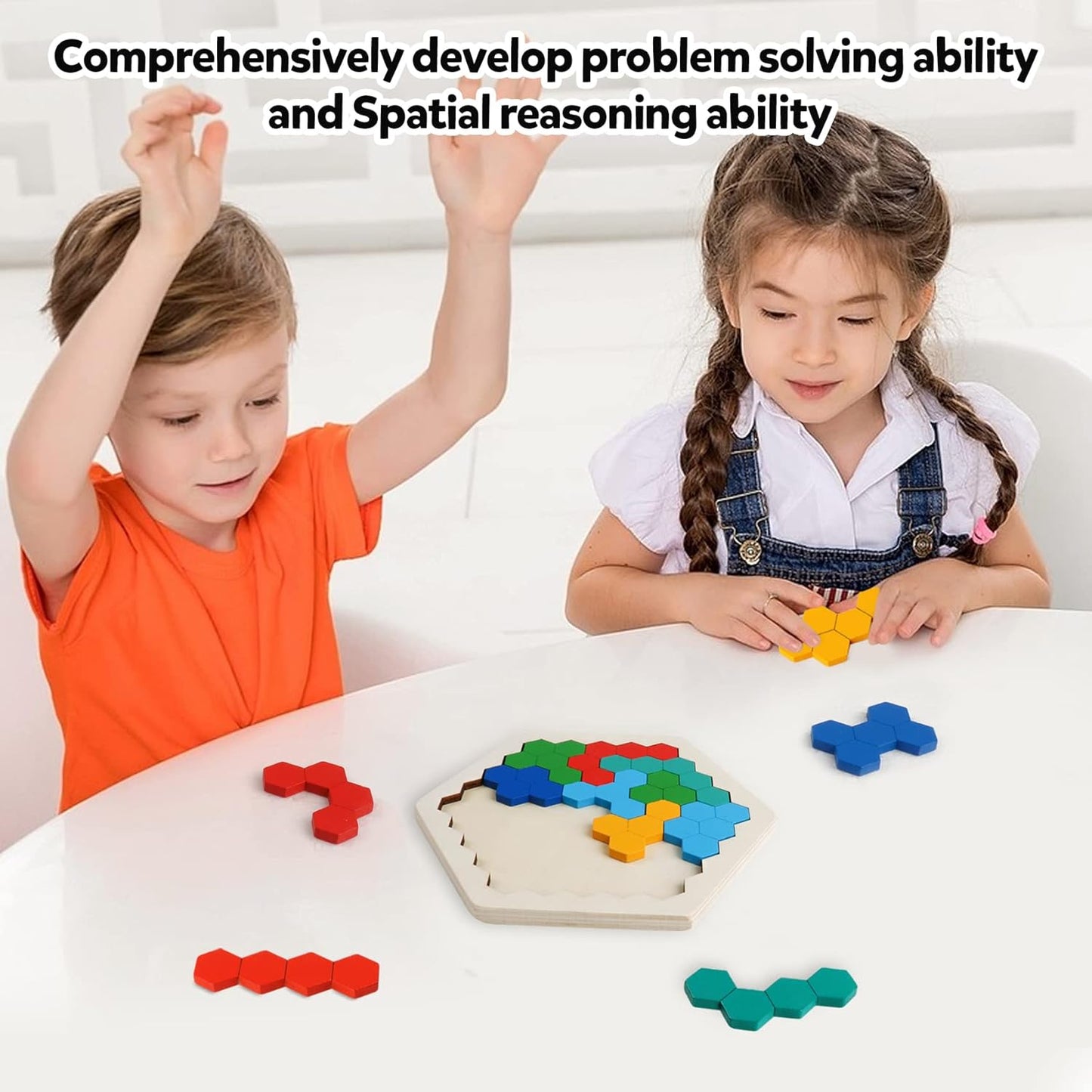 Skrtuan Wooden Blocks Puzzle - Hexagon Brain Teaser for Kids & Adults | STEM Montessori Educational Toy