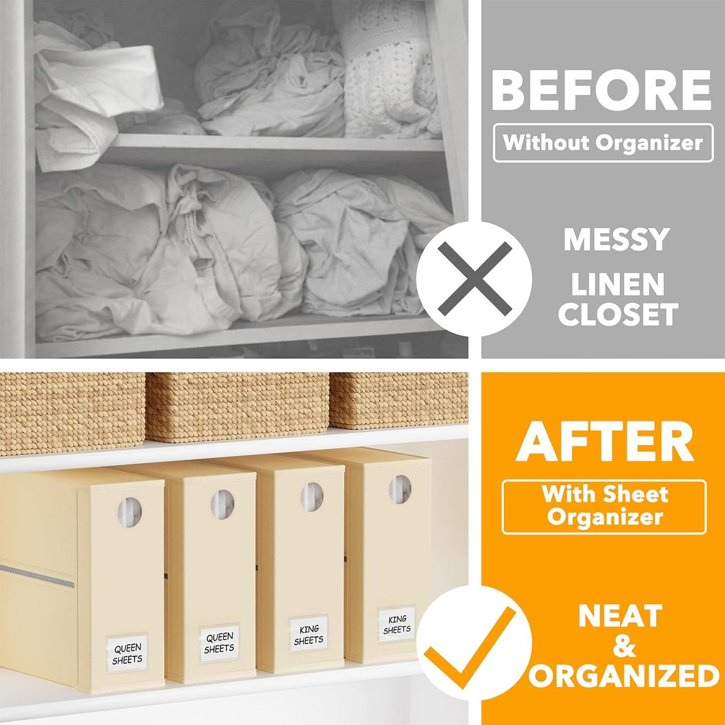 SpaceAid Bed Sheet Organizers - Foldable Linen Closet Storage with Window | XL for Queen & King Size, Beige