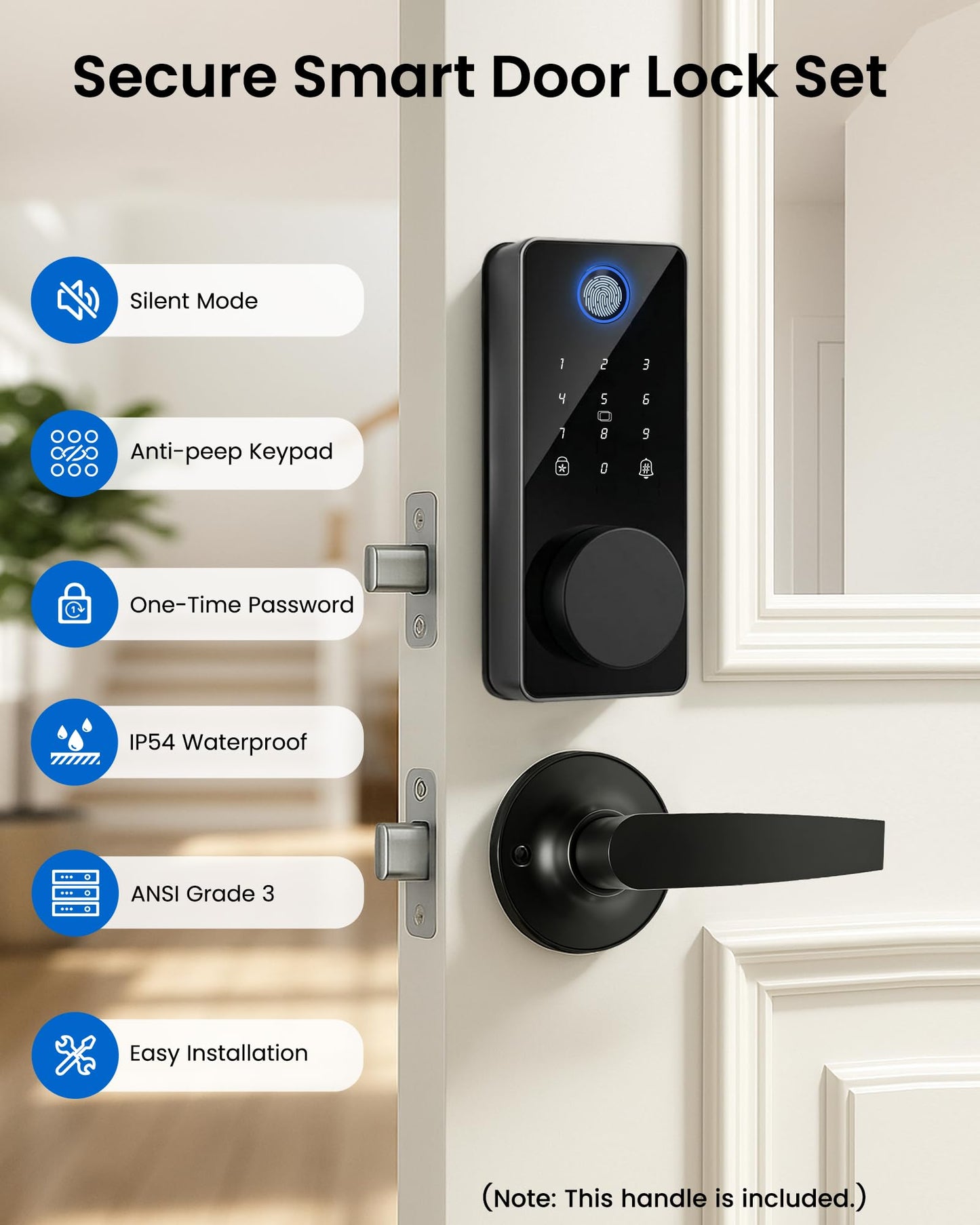 IBLOG Smart Lock with 2 Lever Handle Set, Fingerprint Keyless Entry Door Lock Front Door App Control, Electronic Touchscreen Keypad Deadbolt, Auto Lock, IP54 Waterproof, Easy Install Built-in Doorbell