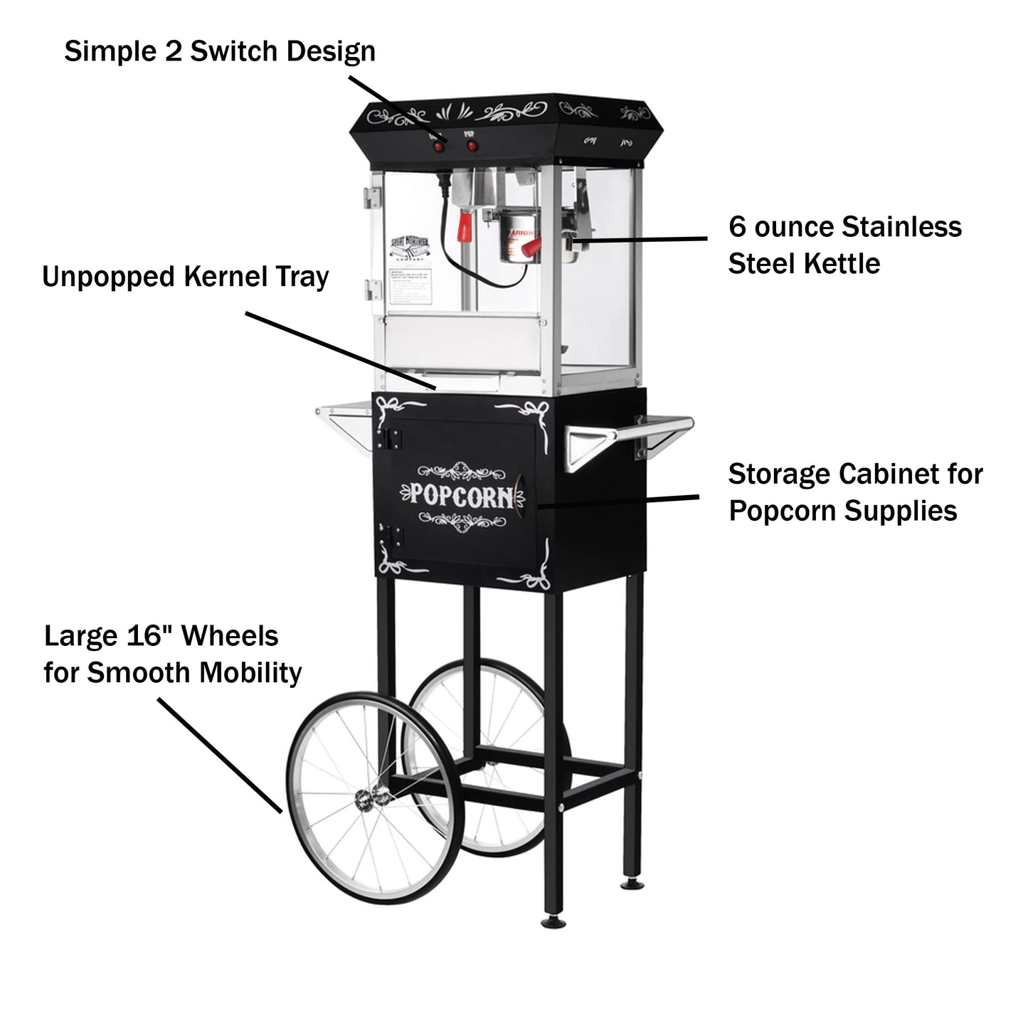 Popcorn Machine with Cart - Foundation 6oz Popper with Stainless-Steel Kettle, Heated Warming Tray, and Old Maids Drawer by Great Northern Popcorn (Black)