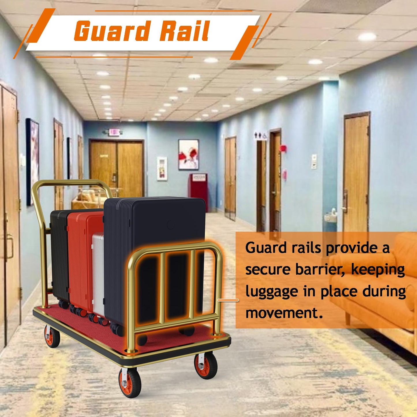 Fauenpeey Gold Hotel Metal Classic Luggage Cart 42"x24" Bellman Cart Baffle Guardrail Weight Capacity Up to 850 lbs