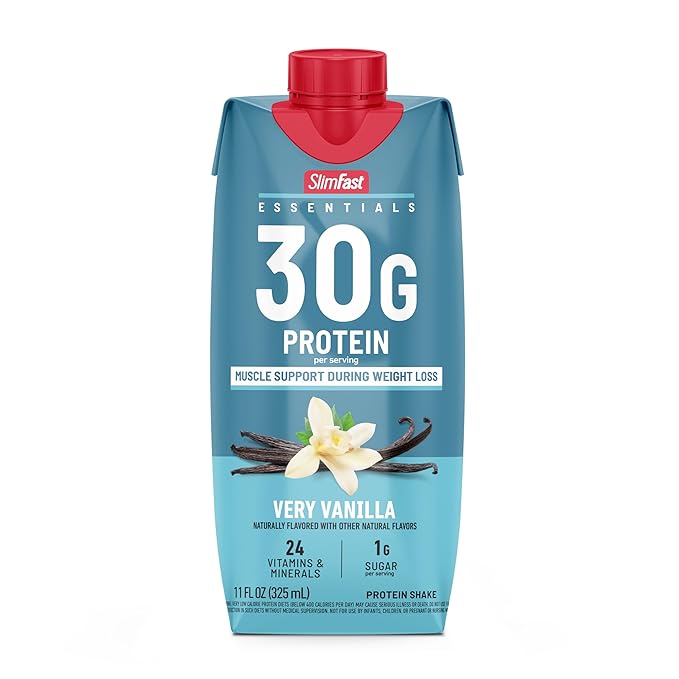 SlimFast Essentials 30g Vanilla Protein Shake, Protein Shakes Ready to Drink, Muscle Support, 1g Sugar, 24 Vitamins and Minerals, 1g Net Carbs, Very Vanilla, 12 Count