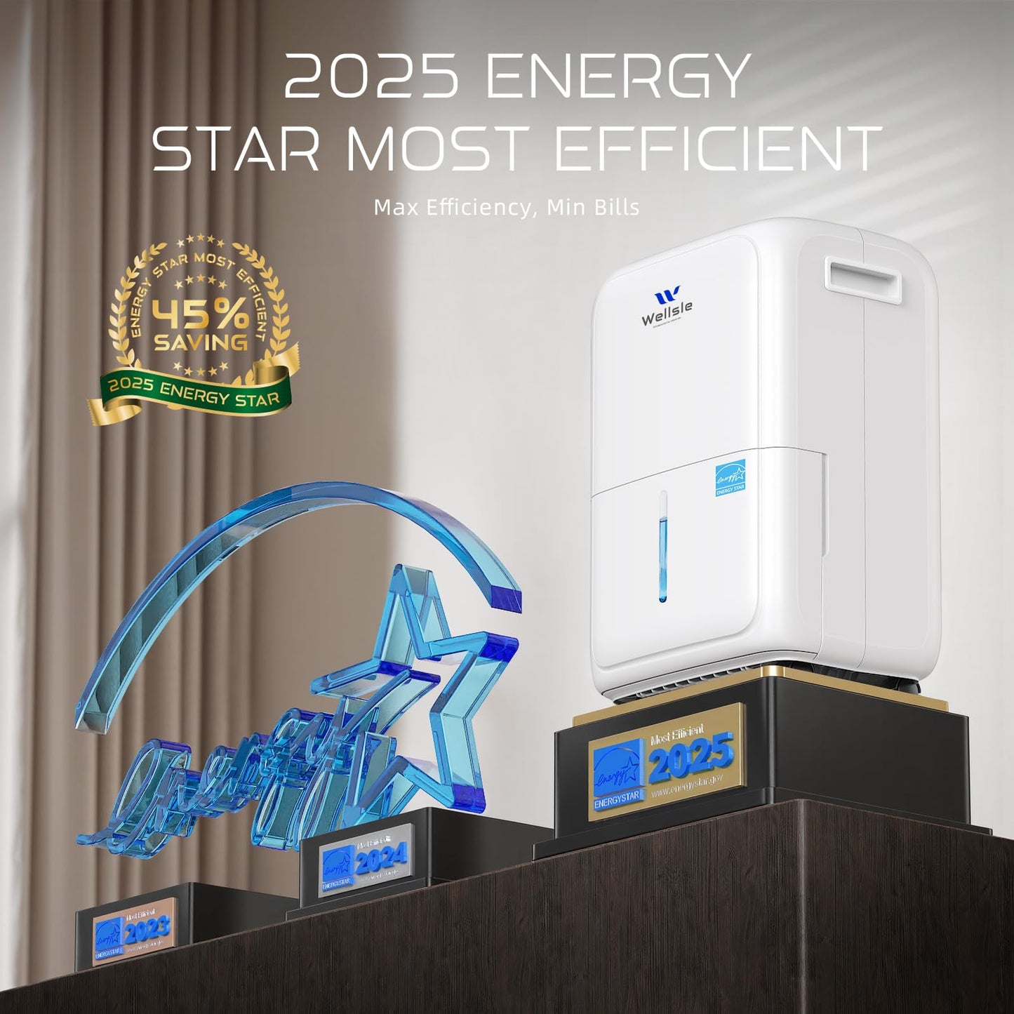 Wellsle Energy Star Certified 52 Pint Dehumidifier for Home and Basement, Portable Dehumidifier with Drain Hose and 1.59 Gal Water Tank, Quiet Dehumidifiers for Bedroom, Living Room, Garage.