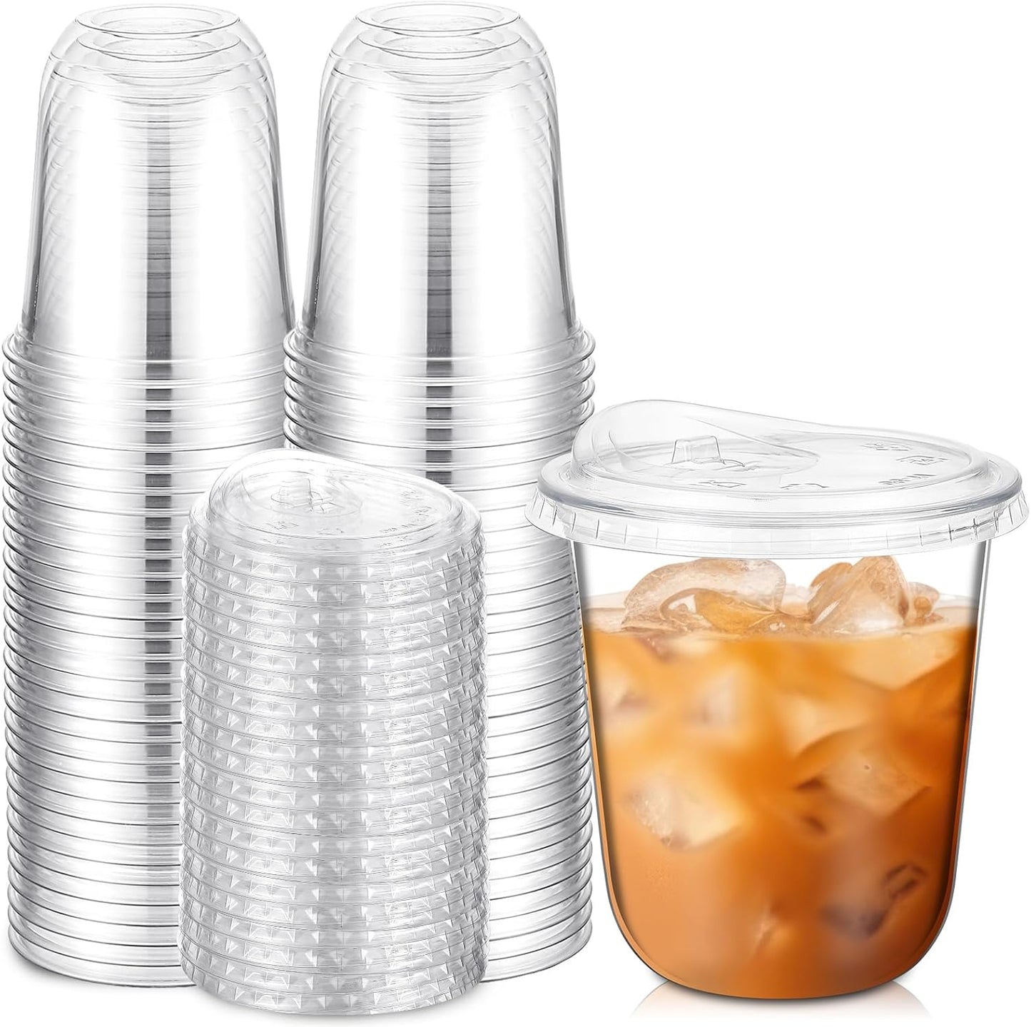 Ziliny 12 oz Clear Plastic Cups - Thickened Disposable PET Cups with Strawless Sip Lids | Perfect for Iced Coffee & Smoothies