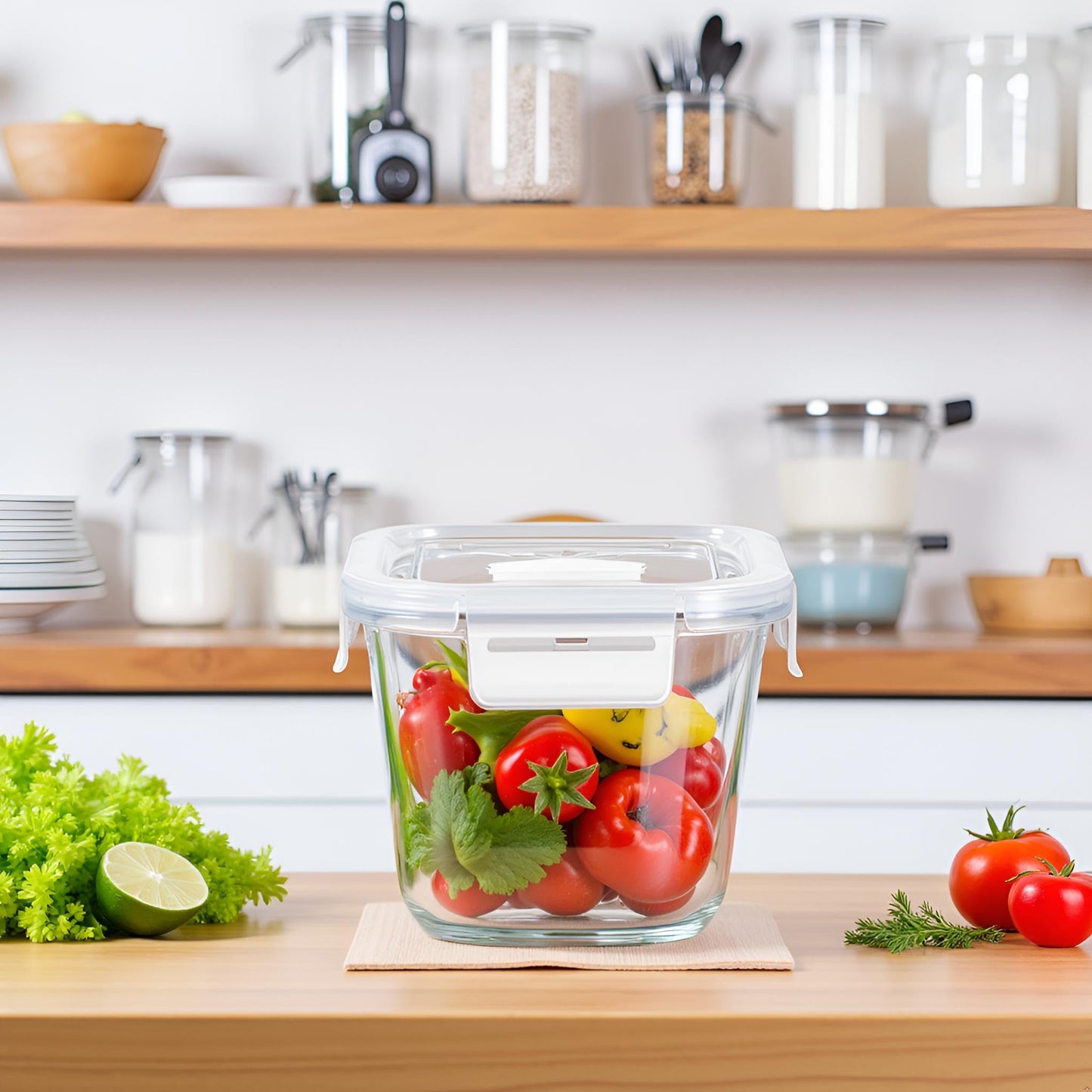 H.JSS WDJS 4 Cup Square Glass Food Storage Container with Lids, Square Glass Soup Container with Airtight Lids, 32 OZ Food Prep Bowls for Leftovers, Salad, Microwave、Fridge、Dishwasher Safe (4 Pack)