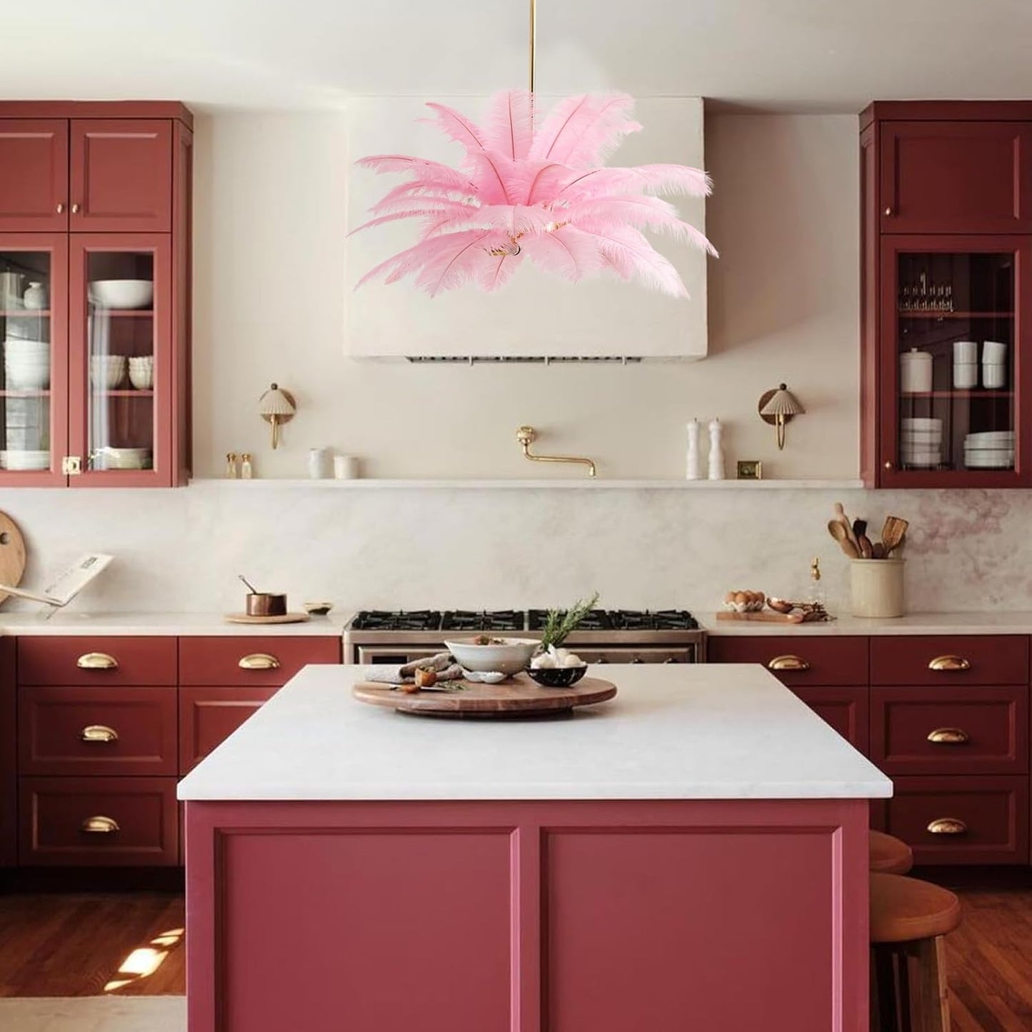 NZV Pink Feather Chandelier - Romantic Ostrich Feather Pendant Light for Girls' Room | 23.6in E14 Base
