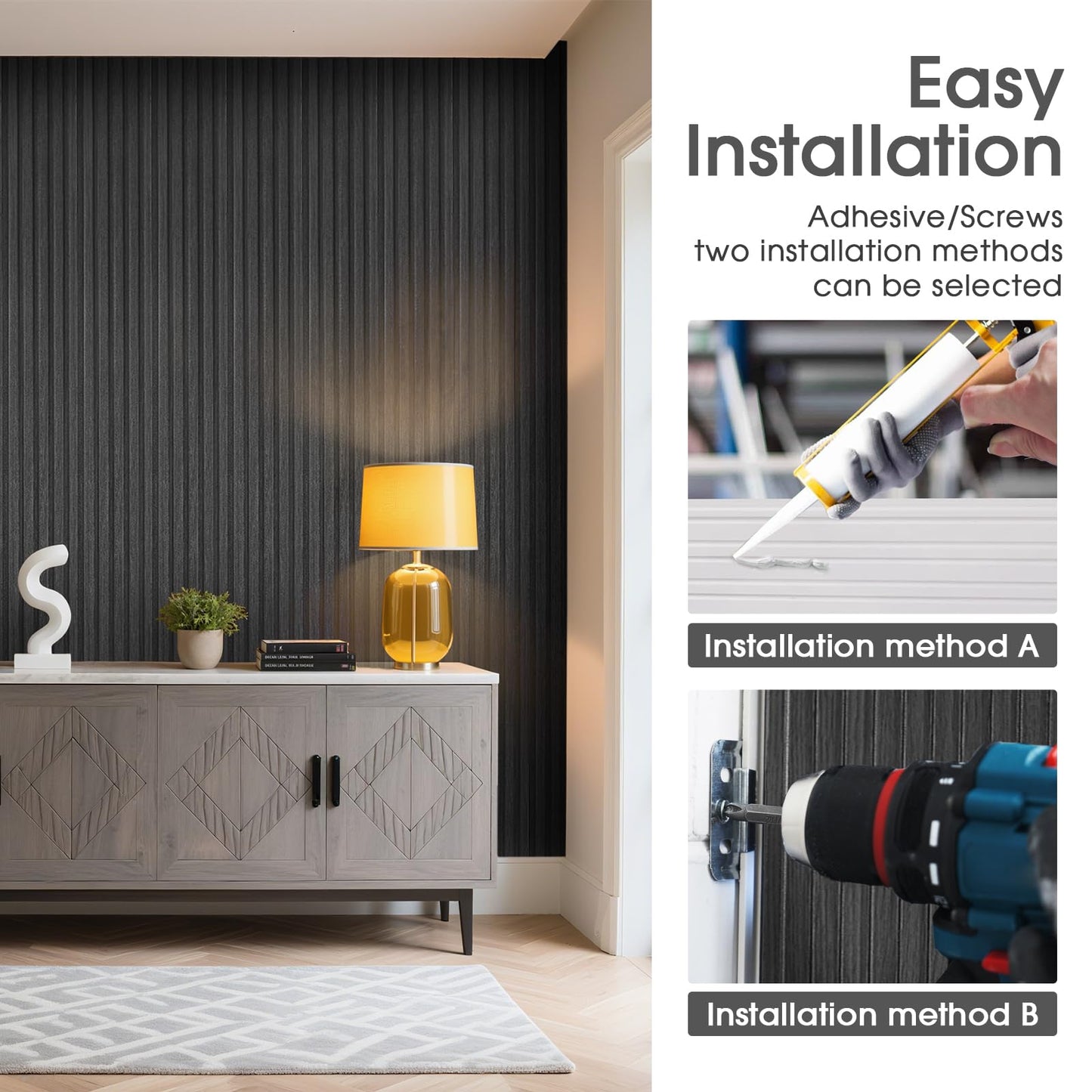 LARWORKS WPC Slat Wall Panels 8 Pack 96" x 6.6", Waterproof Fluted Wall Paneling, Accent 3D Wall Panel for Wall Decor, Bathroom, Bedroom, Office - High Grille Black (Cover Approx.35 sq.ft)