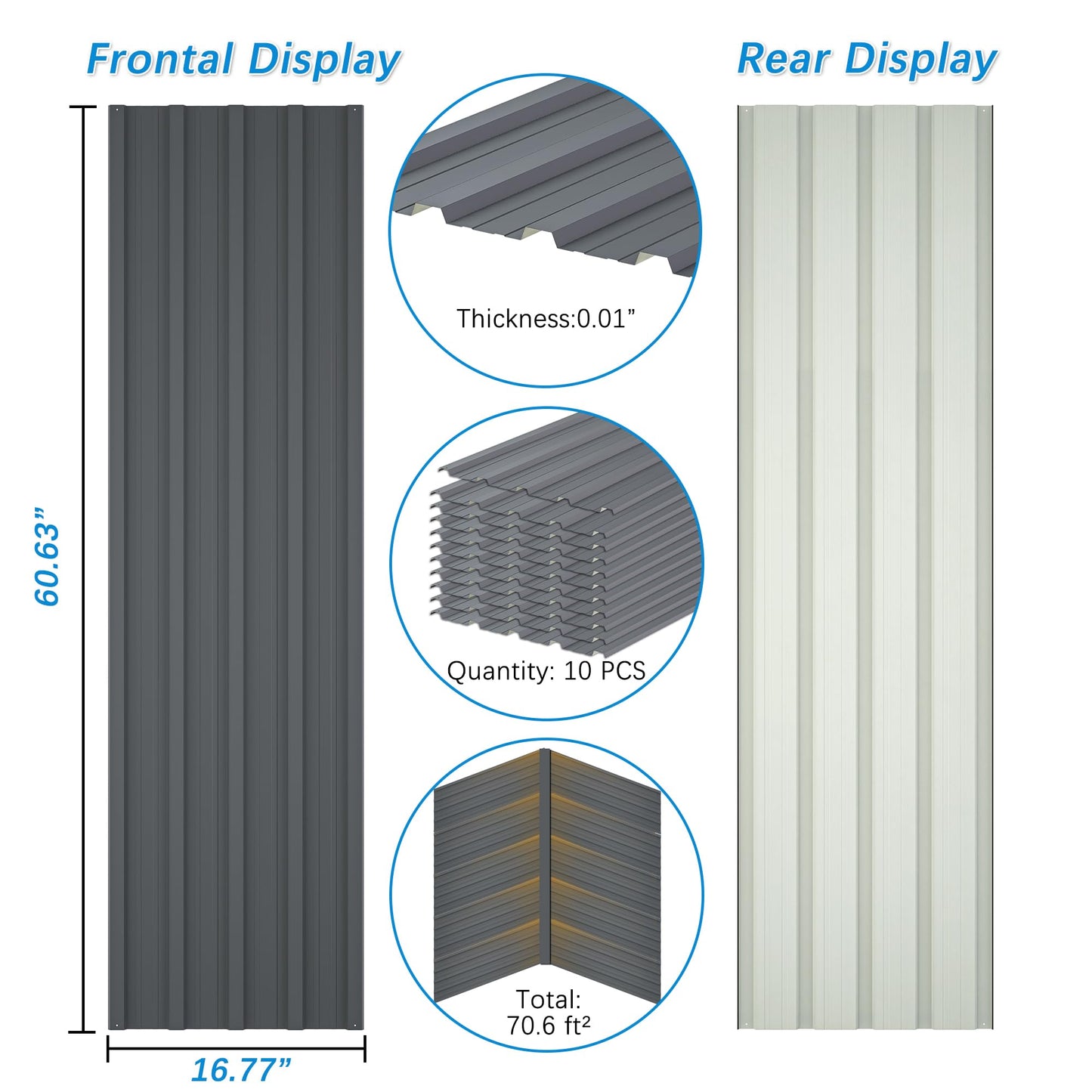 Roof Panels 10 pcs L60.63×W16.77 inch Galvanized Steel, Metal Corrugated Tin Roofing Panels Gazebo Top Cover Heavy Duty Roof Replacement for Patio Outdoor Garden, Grey