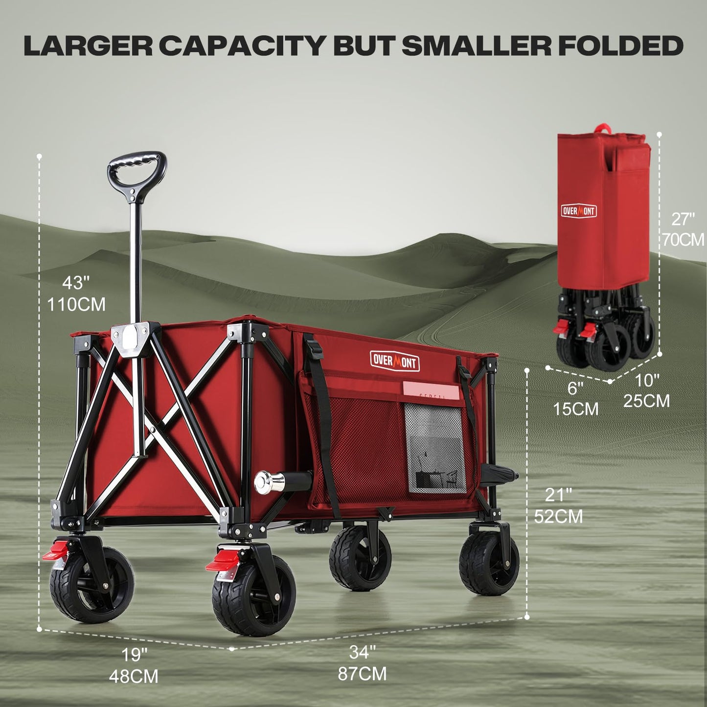Overmont Collapsible Wagon Cart with Wheels - 180L Foldable Heavy Duty Wagon with Big All-Terrain Wheels - 360Lbs Weight Capacity with Side Pockets for Camping Sports Garden Grocery Shopping red