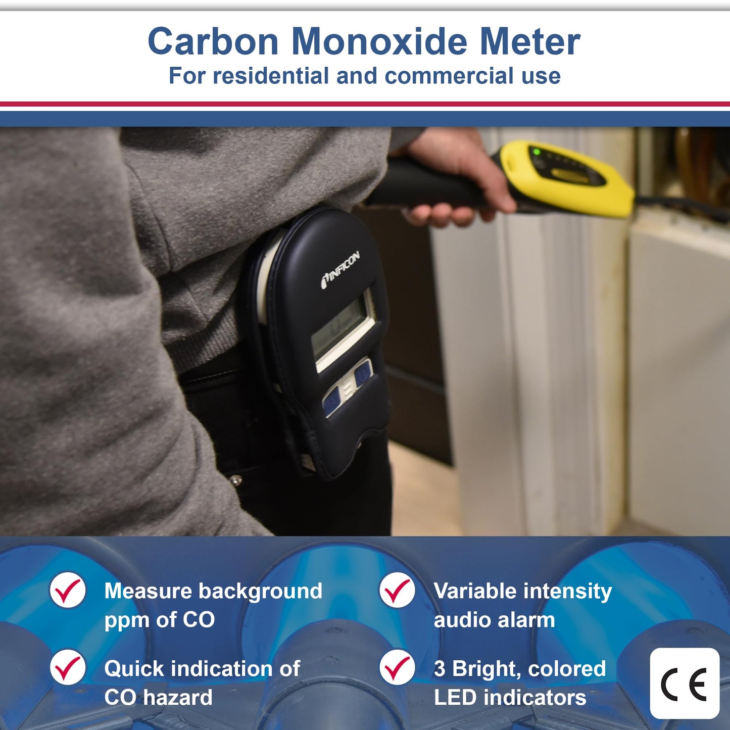 INFICON 715-202-G1 CO Check Carbon Monoxide Meter with Holster Case, 1/999ppm Range, 9V