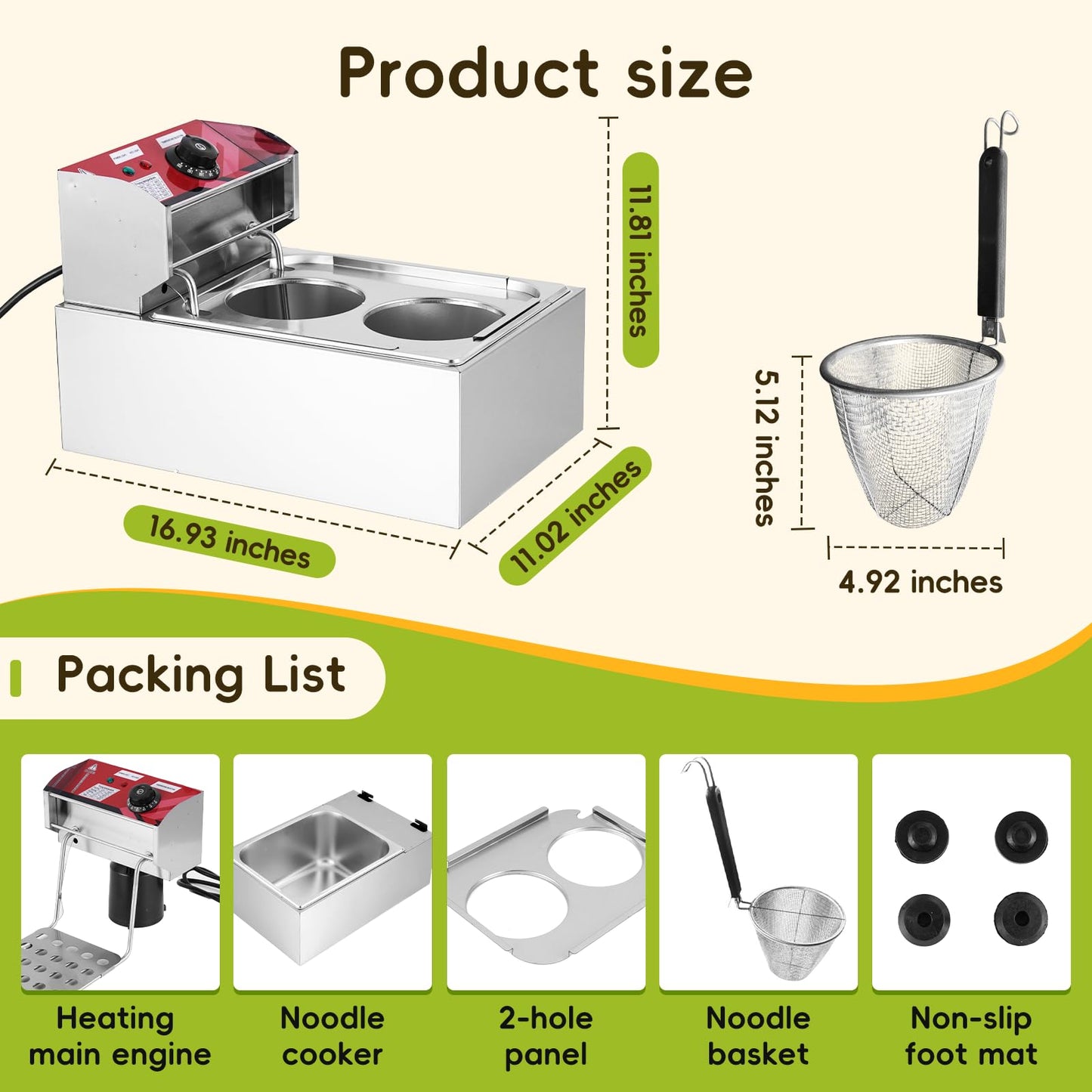 JIAWANSHUN 2 Holes Commercial Pasta Cooker,110V Stainless Steel Noodle Maker, Adjustable Temp (60-200℃/140-392°F), Fast Cooking for Restaurant Dumplings Vegetables