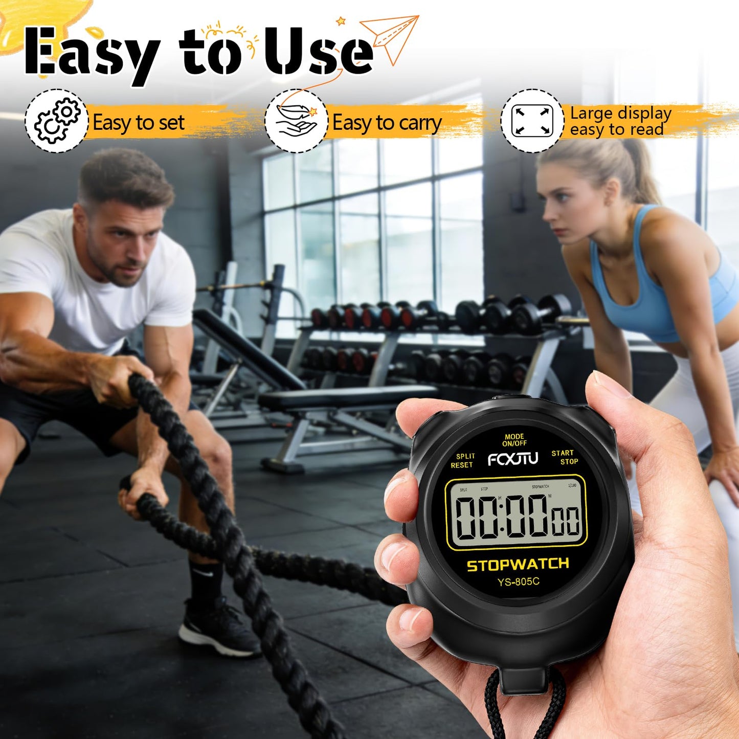 FCXJTU Simple Stopwatch Timer, Single Lap Stopwatch Countdown Timer, No Hourly Beep, On/Off, AAA Battery(Included), Large Display, Easy to Use, Ideal for Kids Coaches Black