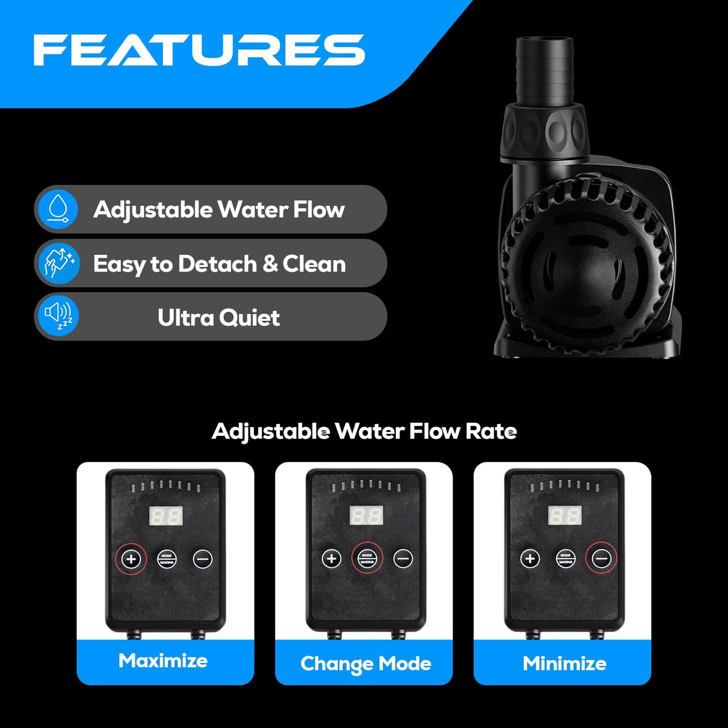 DAI BAO 3170 GPH Intelligent ECO Amphibious Water Pump - Sine Wave Technology with Controller for Hydroponics & Aquariums, 88W