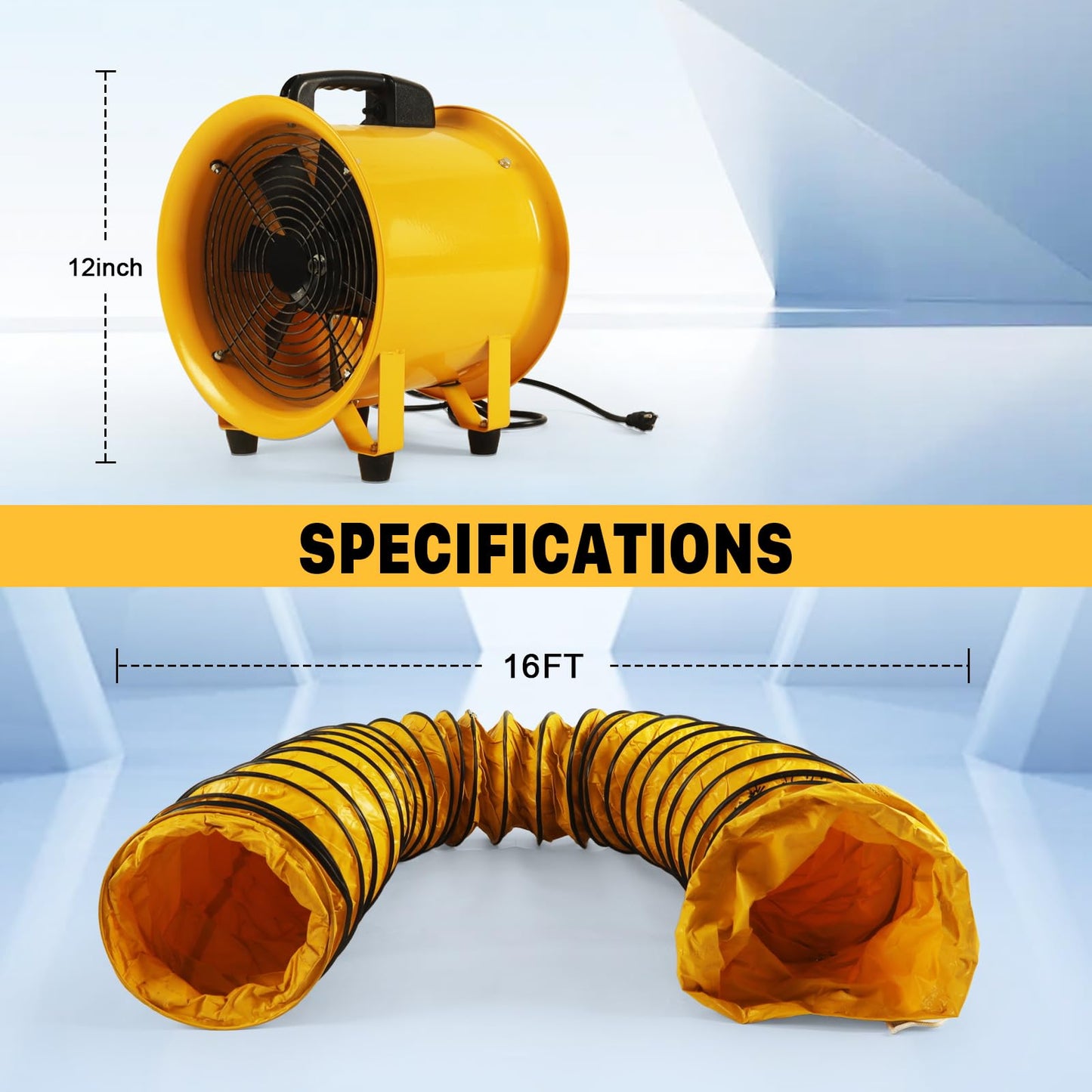 12 Inch Utility Blower Fan with 16 Ft Flexible Duct Hose, 2882 CFM High Velocity Industrial Ventilation Exhaust Fan, Portable Axial Ventilator with Ball Bearing Motor for Workshop, Basement, Job Site.