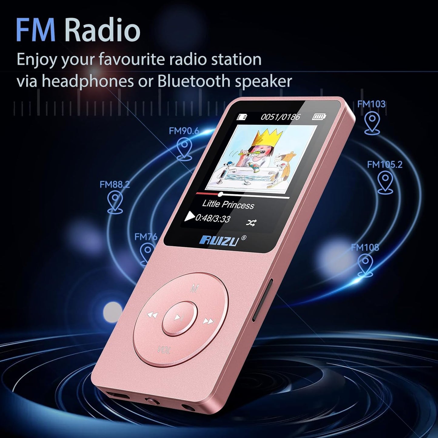 RUIZU 64GB MP3 5.3, 1.8" 80H 128GB Player with Bluetooth Screen Portable Music Player, FM Radio, Voice Recording
