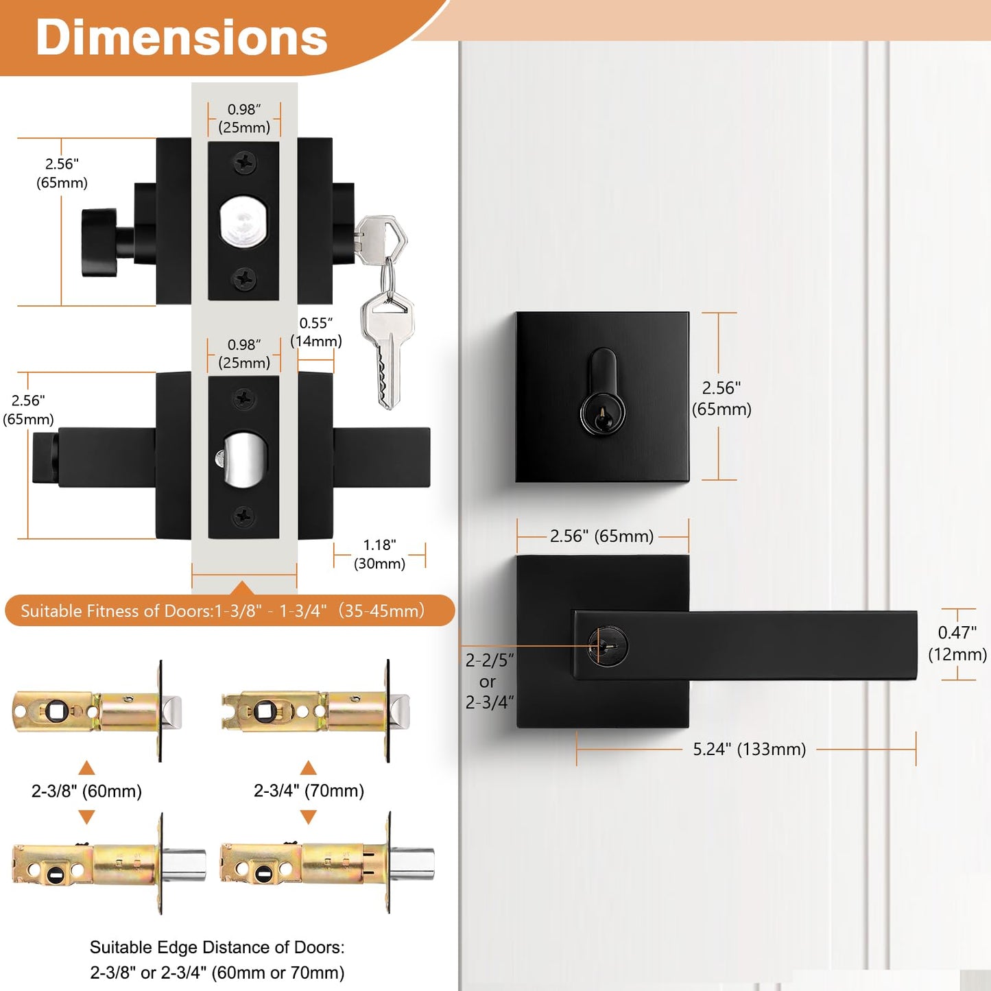 Probrico Square Entry Levers and Single Cylinder Deadbolts Combo Pack, Flat Black Keyed Alike Heavy Duty Keyed Entry Handles Locksets Reversible for Right and Left Side, 2 Pack(All Same Keys)