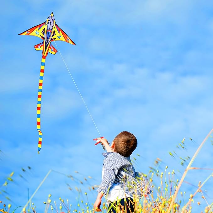 HONBO 58" Fighter Plane - Kite for Kids & Adults, Easy to Fly, Beach Trip Beginner Kite with Reel and 200ft String
