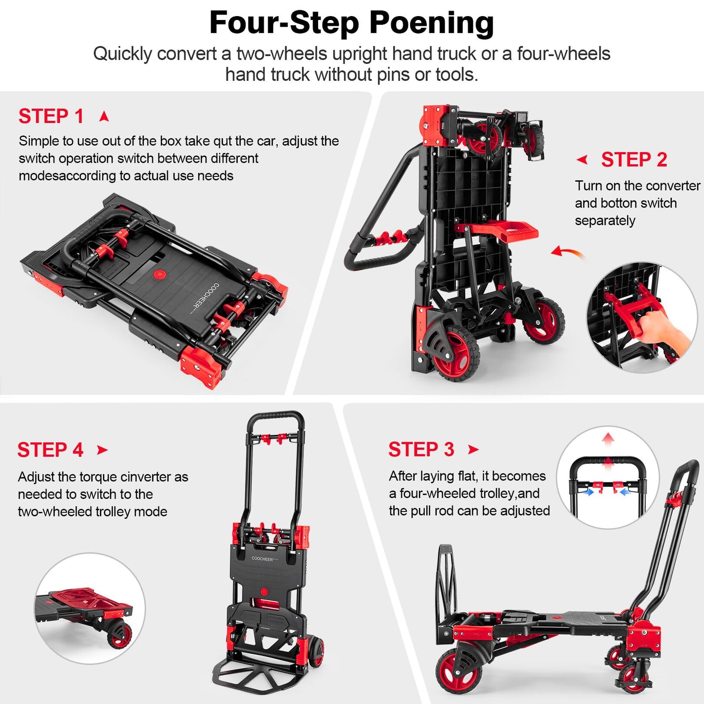 2-in-1 Folding Hand Truck Dolly 330LB Load Carrying, Hand Truck Foldable Dolly with Retractable Handle and 4 Rubber Wheels, Portable Folding Hand Cart for Moving/Travel/Office(Red)