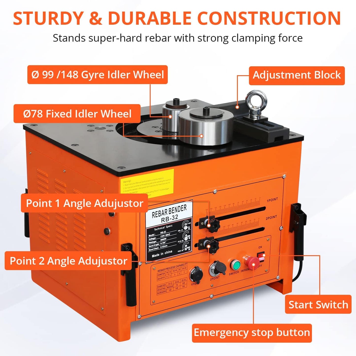 3000W Electric Rebar Bender, 6-7 Seconds Fast Bending Machine, 0-180° Accurate Portable Rebar Bender for 1/4 inch to 1.3 inch Steel Bar