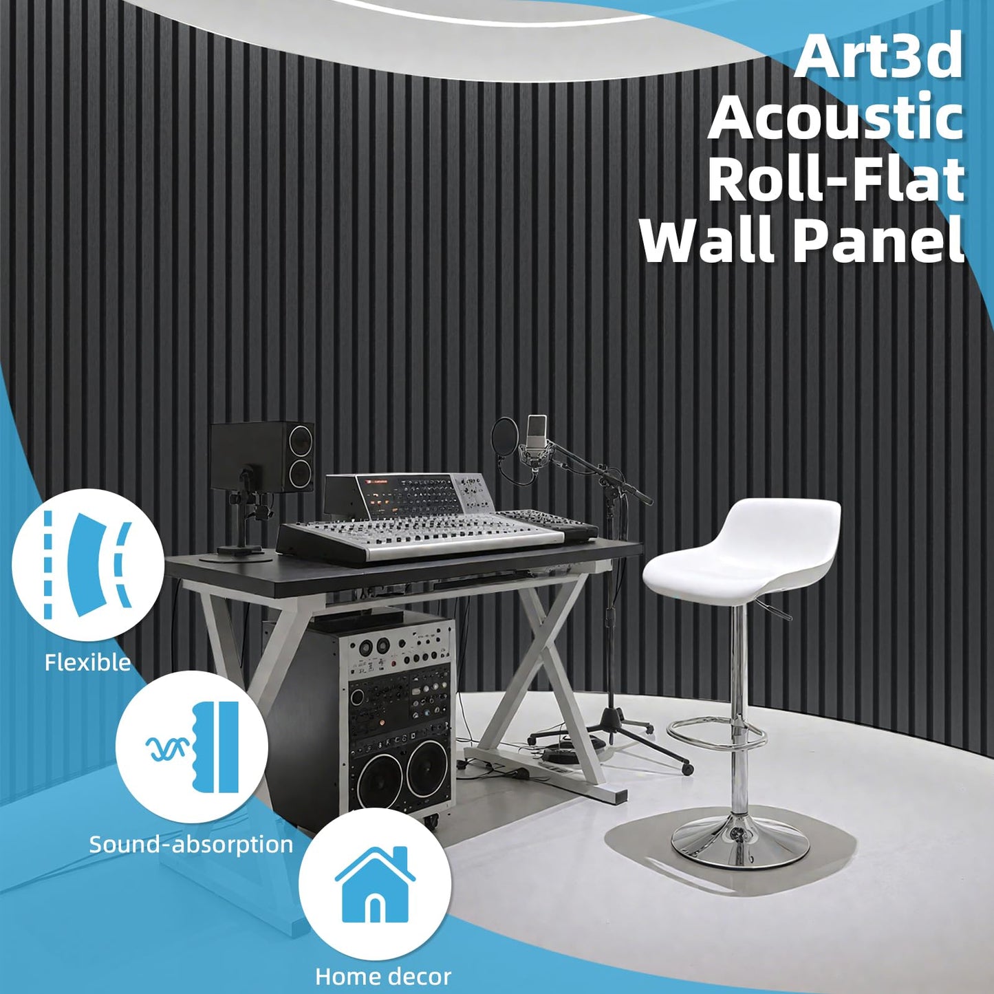 Art3d 1-Pack Acoustic Wood Slat Wall Panel with Roll-Flat Design - 95.3 x 23.8 Inch Sound Absorbing Panels for Living Room Columns Corridor Curved Wall Decor, Blackwood
