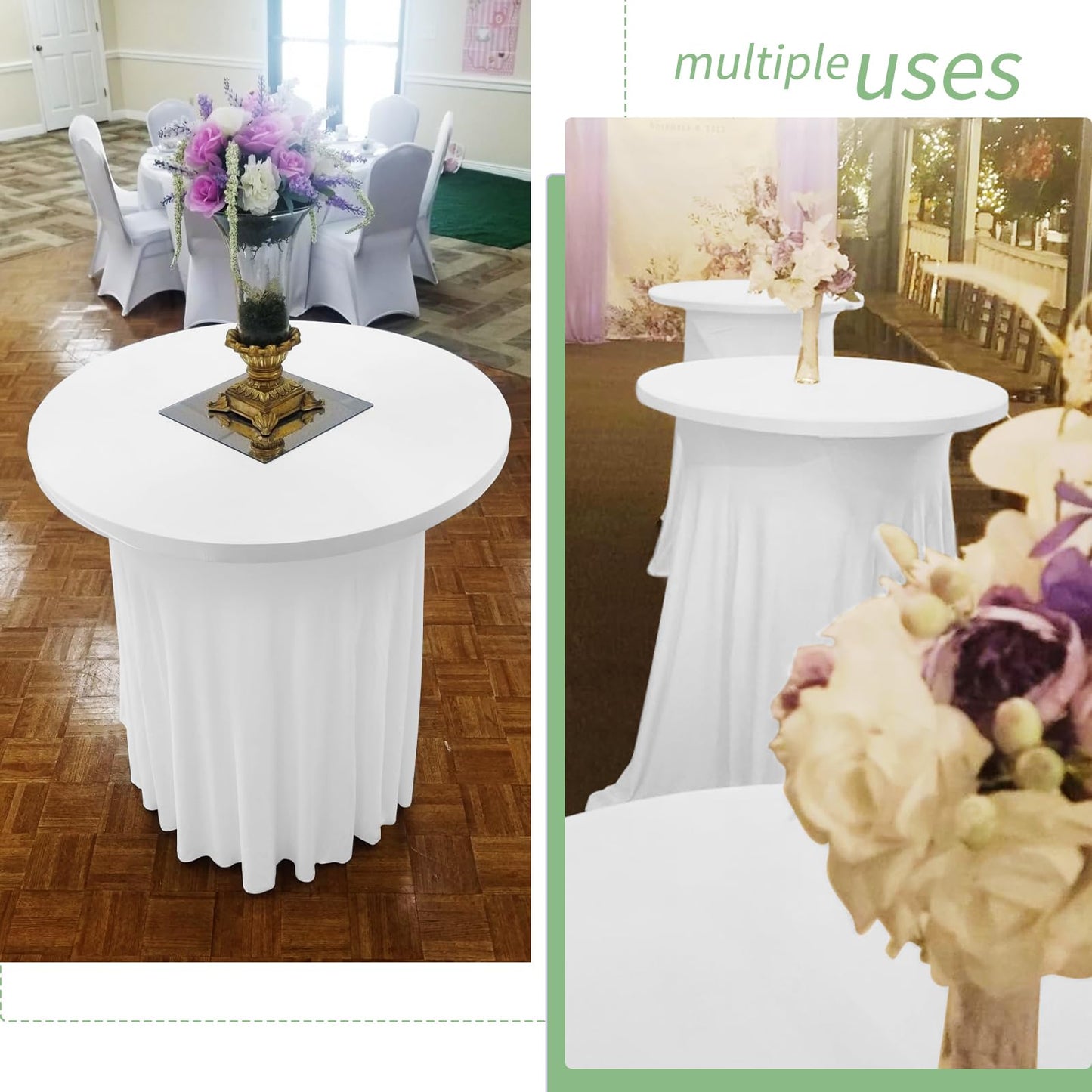 YJYQHYX 6 Packs Round Cocktail Table Skirt 24"x 43" Spandex Stretch Cocktail Table Cloths with Wavy Skirt, Spandex Fitted High Top Table Covers for Wedding Party Birthday Banquet Table (White)