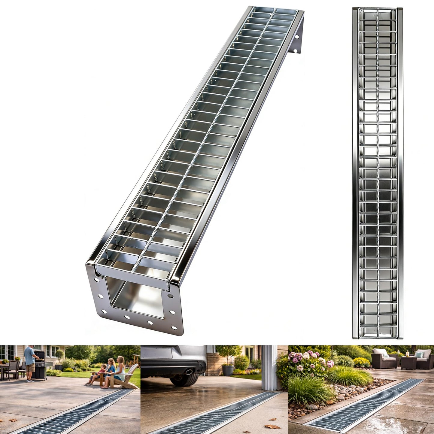 304 Stainless Steel Channel Drain with Galvanized Steel Drain Grate, Heavy-Duty B125 39.4×5.9×5.5in Trench Drain System for 3”Pipe, Channel Drain Kit for Driveway, Outdoor, Yard,Garage, Parking Lot
