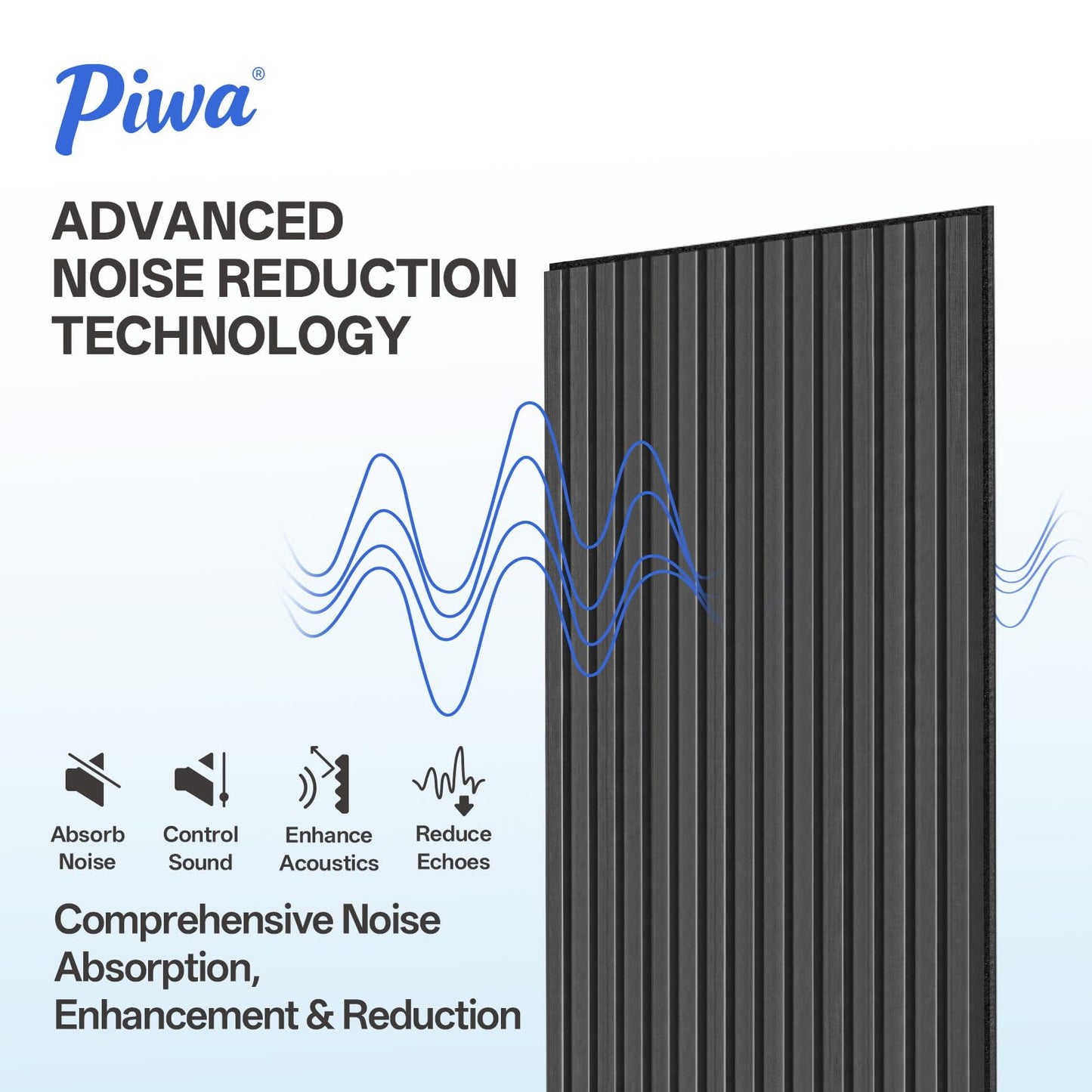 PIWA Acoustic Wall Panels 47” x 24" 4 Pack, Wood Panels for Wall Sound Dampening Slat Paneling with MDF Surface and Sound-Absorbing Core for Interior Decor, Home, Office and Gaming Room (Matte Black)