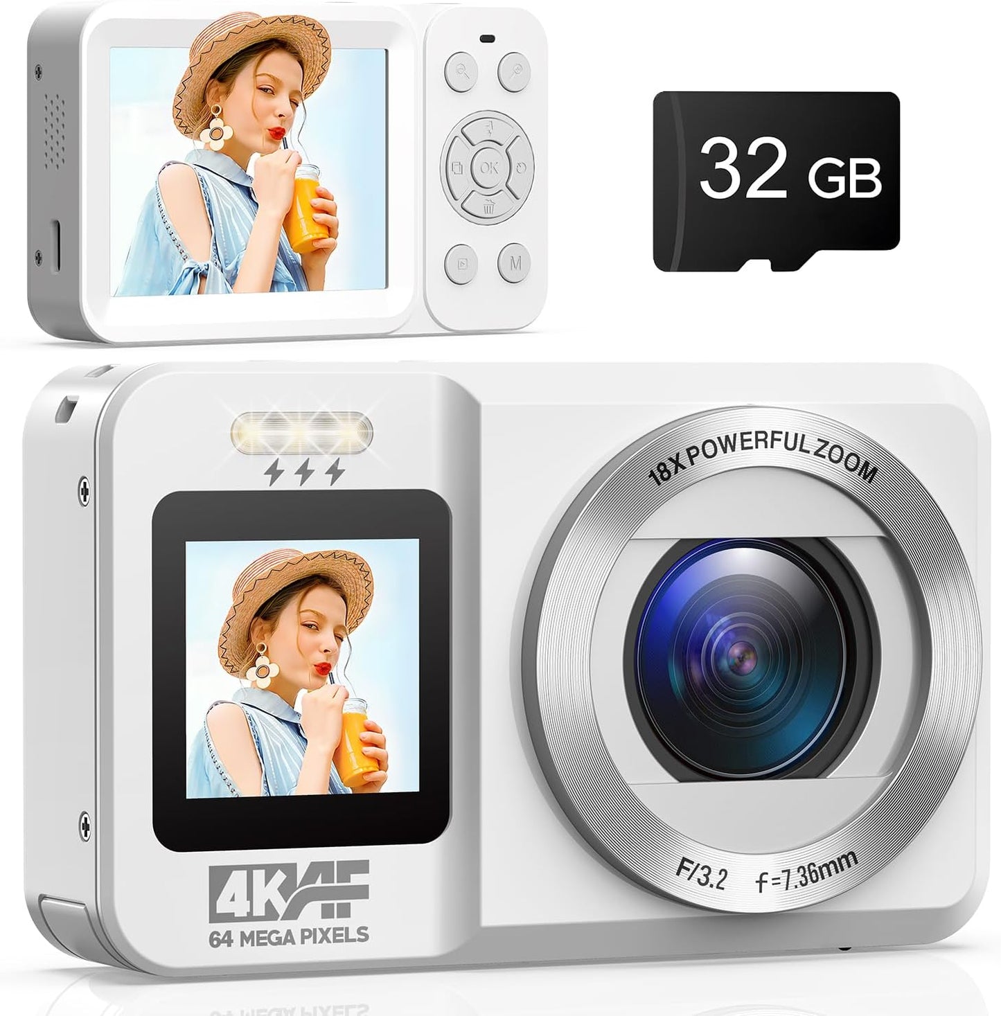CAMWORLD 4K 64MP 18X 32GB Digital Camera, UHD Dual Screens Camera, Digital Zoom, Portable Point and Shoot Camera