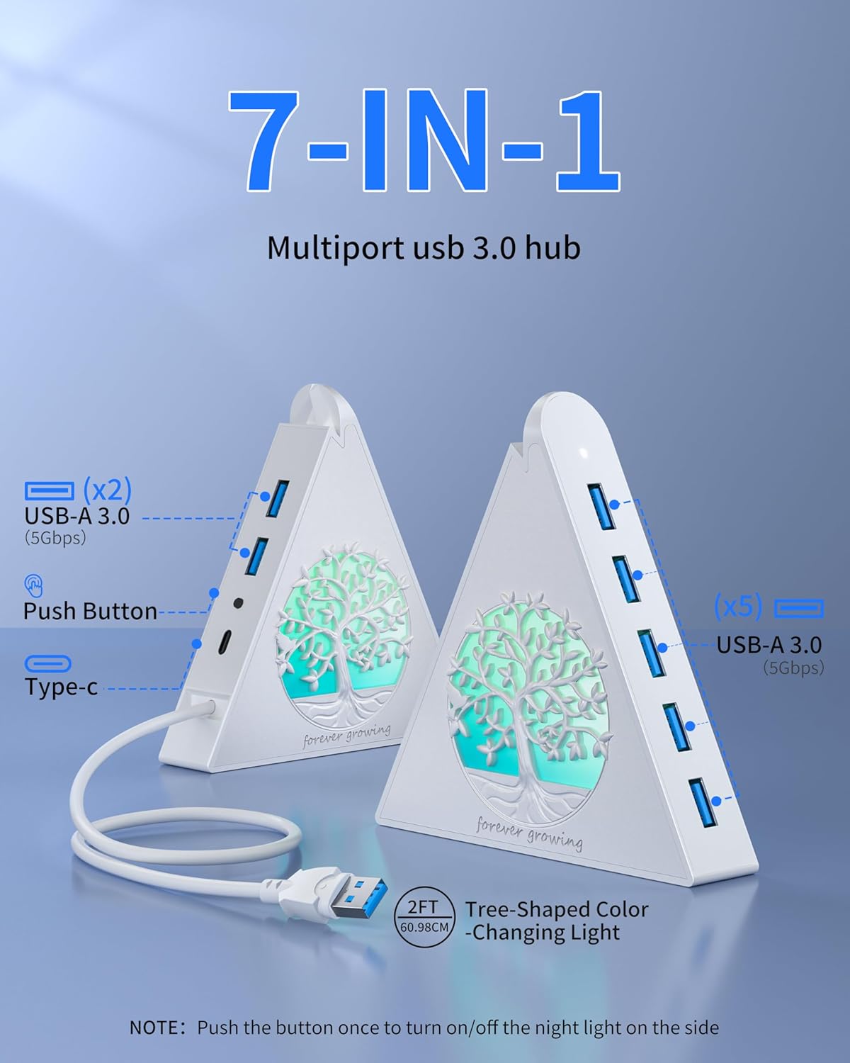 JoyReken 7-Port 3.0 5Gbps 2FT USB Hub, White Vertical USB Hub Splitter with Tree-Shaped RGB Lighting, High-Speed