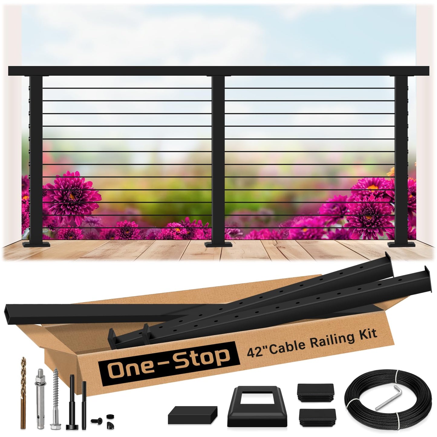 Zylorix 4ft-8ft Complete Set 42" Deck Cable Railing System with Handrail Cuttable, Modular T304 Stainless Steel Black Level Drilled Cable Railing Posts Kit with 1/8" Cable Railing Hardware