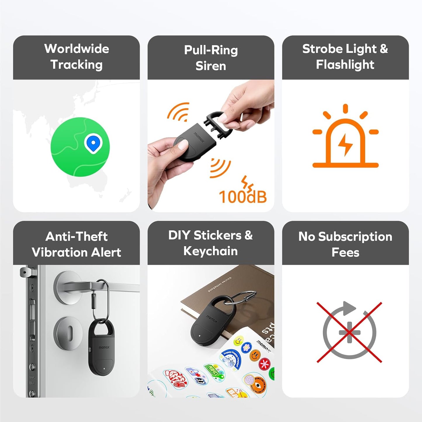 MOMAX Key Finder Tracker Tag Smart Personal Alarm Rechargeable Tracking Device with SOS Alert & LED Strobe, Find My