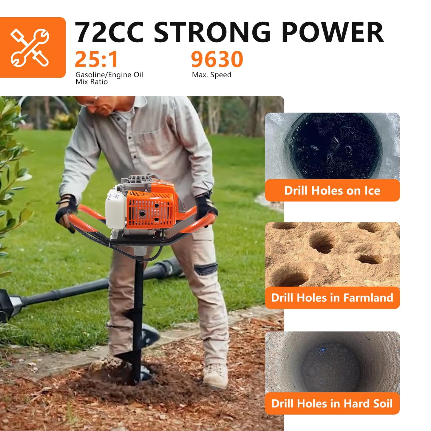72CC Auger Post Hole Digger, 2 Stroke Gas Powered Earth Post Hole Digger with 2 Auger Drill Bits(6" & 8") + 1 Extension Rods for Farm Garden Plant, Orange (72CC)
