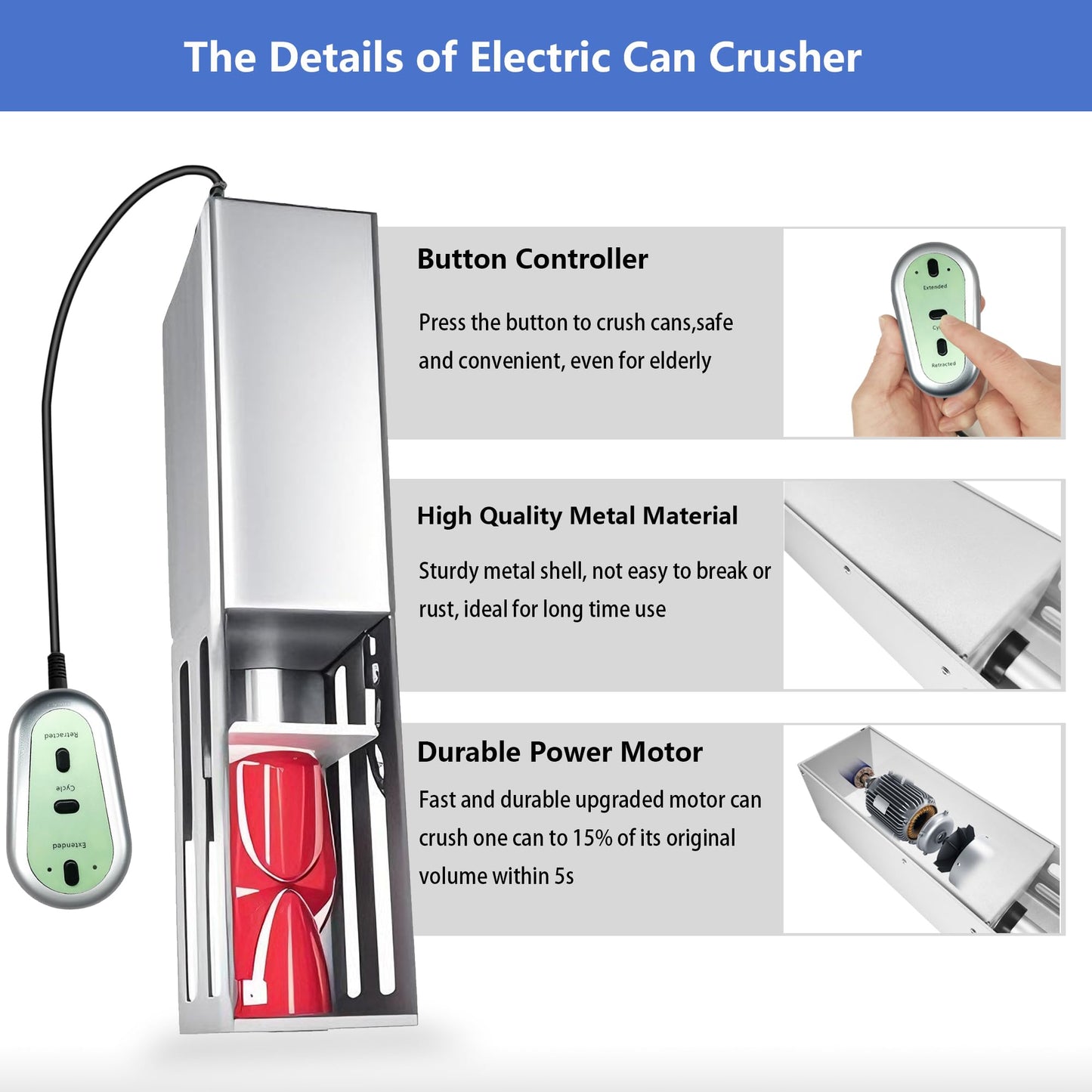 JNSTU Electric Can Crusher with Button Controller, Automatic Can Crushers for Recycling 8/12/16oz Cans, Auto Cycle Mode, Countertop Can Smasher for Recycling Aluminum Seltzer, Soda, Beer Cans, Sliver