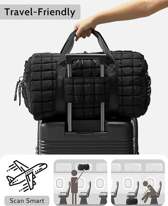 FODOKO Quilted Duffel Bag for Women, Puffer Gym Duffle with Shoe Compartment, Lightweight Large Crossbody Sport Bag Travel Tote, Black