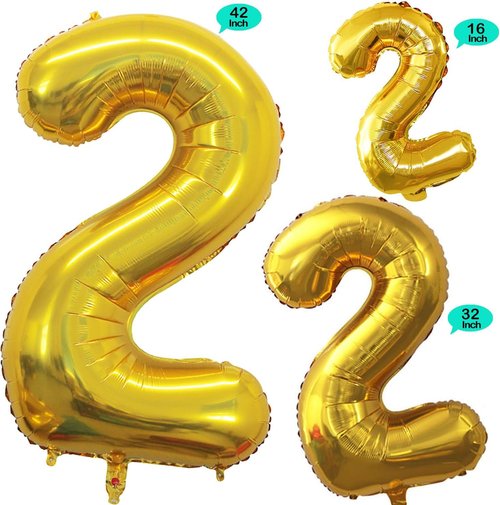 GOER Gold Foil Number 2 Balloons - Huge 42" & 32" for 2nd Birthday Party Decorations (3 Pcs)