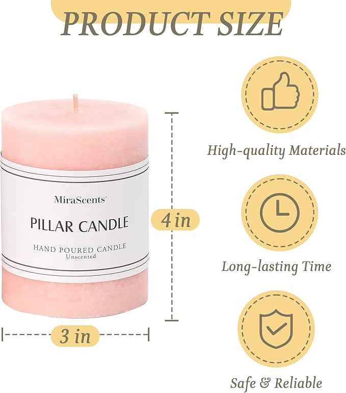 3x4 inch Pink Pillar Candles Set of 3, Unscented Pillar Candle, Dripless and Smokeless Large Candles, Candle for Home Decor, Dinner Table,Weddings, Holidays