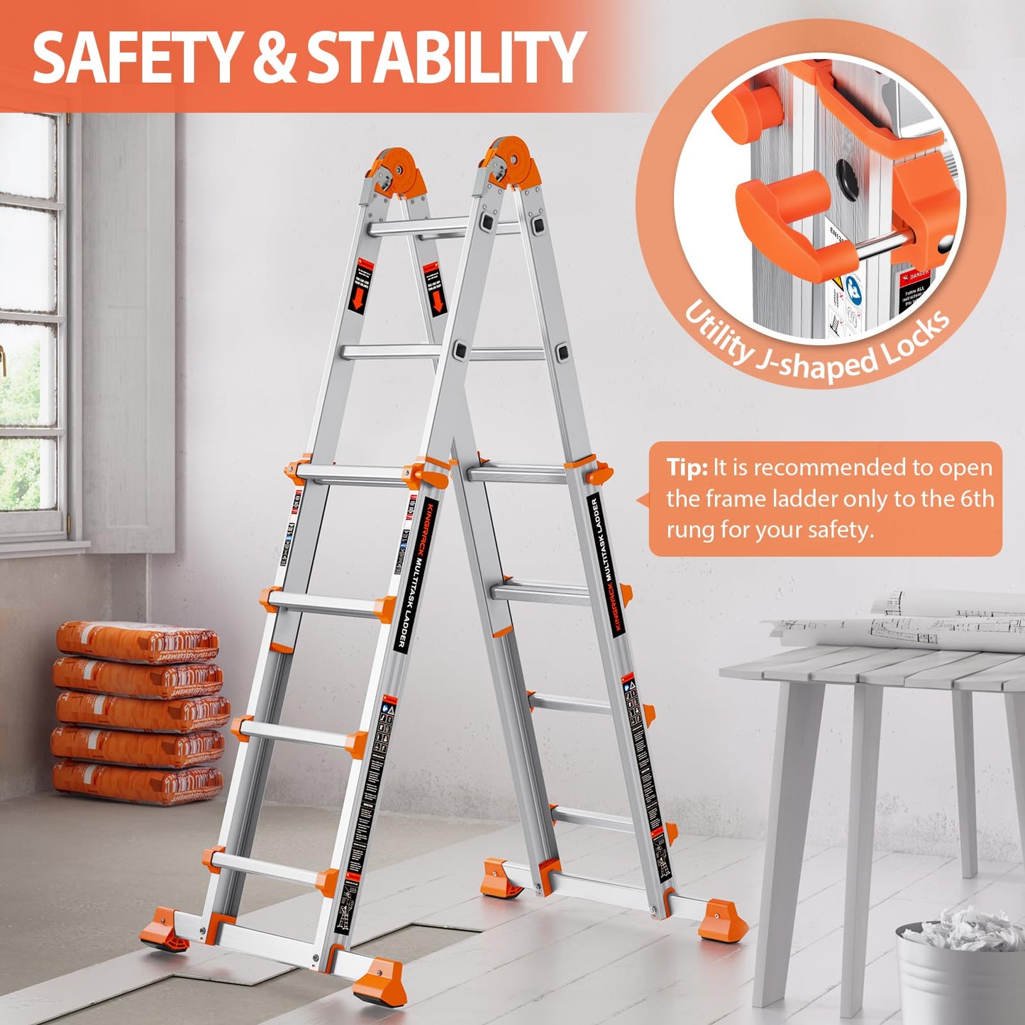 KINGRACK Ladder, A Frame 4 Step Extension Ladder, 11.4 Ft Anti-Slip Multi Position Ladder with Stabilizer Bar, 330 lbs Security Load Telescoping Aluminum Ladders for Stairs Home Outdoor Roof Work