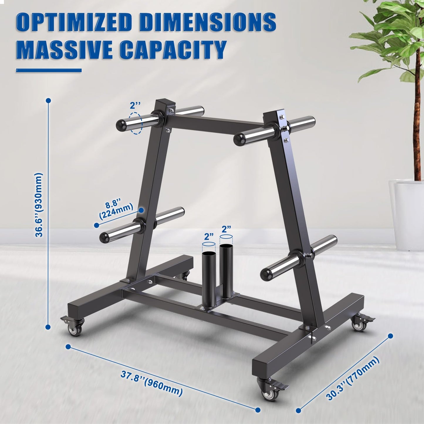 Kipika Weight Plate Tree Rack, Weight Holder for 2 inch Olympic Weight Plate & 2 Barbell Holders, Heavy Duty Bumper Plate Storage Organizer for Home Gym with Optional Wheels (B-Black (with Wheels, 550 LBS))