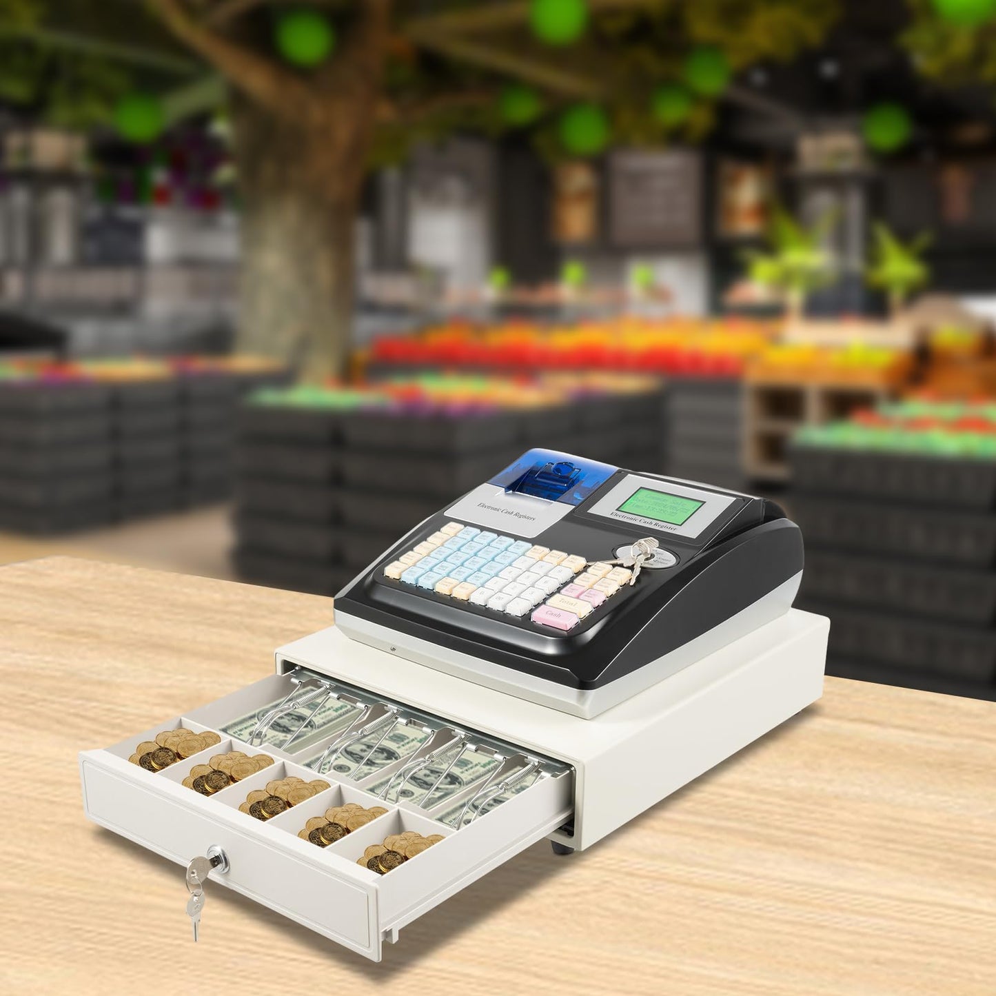 Electronic Cash Register Commercial Cash-Register with Thermal Print Head and 8-Digit LED Customer Screen 48 Keys Keyboard and Cash Drawer Register for Shops, Supermarkets, Restaurants (Black)